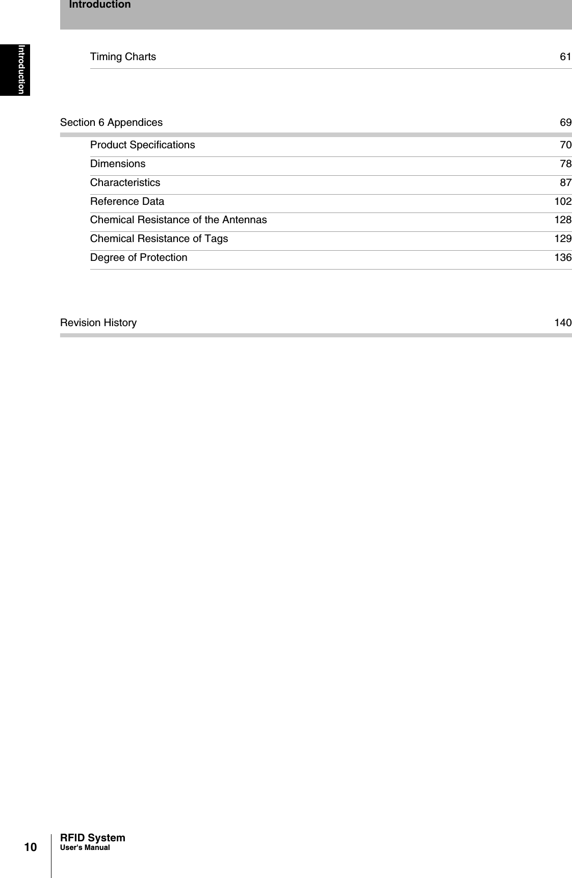 10 RFID SystemUser&apos;s ManualIntroductionIntroductionTiming Charts 61Section 6 Appendices 69Product Specifications 70Dimensions 78Characteristics 87Reference Data 102Chemical Resistance of the Antennas 128Chemical Resistance of Tags 129Degree of Protection 136Revision History 140