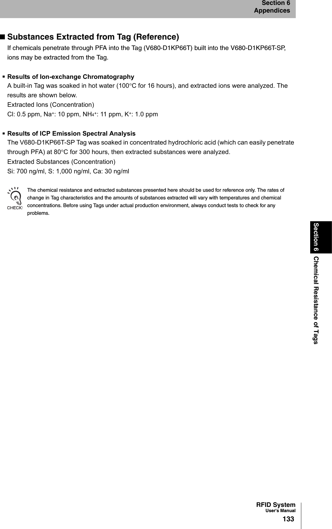 RFID SystemUser&apos;s Manual133Section 6 Chemical Resistance of TagsSection 6AppendicesSubstances Extracted from Tag (Reference)If chemicals penetrate through PFA into the Tag (V680-D1KP66T) built into the V680-D1KP66T-SP, ions may be extracted from the Tag. Results of Ion-exchange ChromatographyA built-in Tag was soaked in hot water (100°C for 16 hours), and extracted ions were analyzed. The results are shown below.Extracted Ions (Concentration)Cl: 0.5 ppm, Na+: 10 ppm, NH4+: 11 ppm, K+: 1.0 ppmResults of ICP Emission Spectral AnalysisThe V680-D1KP66T-SP Tag was soaked in concentrated hydrochloric acid (which can easily penetrate through PFA) at 80°C for 300 hours, then extracted substances were analyzed.Extracted Substances (Concentration)Si: 700 ng/ml, S: 1,000 ng/ml, Ca: 30 ng/mlThe chemical resistance and extracted substances presented here should be used for reference only. The rates of change in Tag characteristics and the amounts of substances extracted will vary with temperatures and chemical concentrations. Before using Tags under actual production environment, always conduct tests to check for any problems.