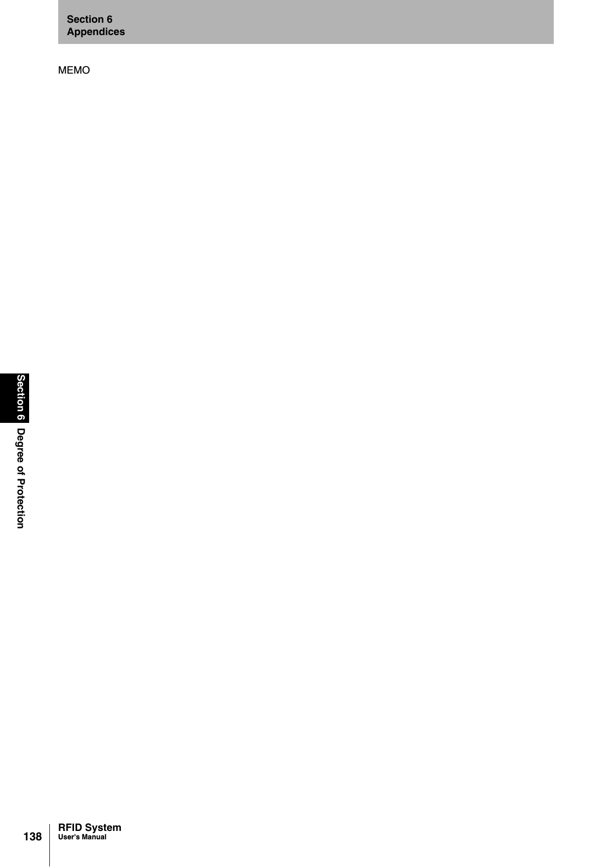 138Section 6 Degree of ProtectionRFID SystemUser&apos;s ManualSection 6AppendicesMEMO