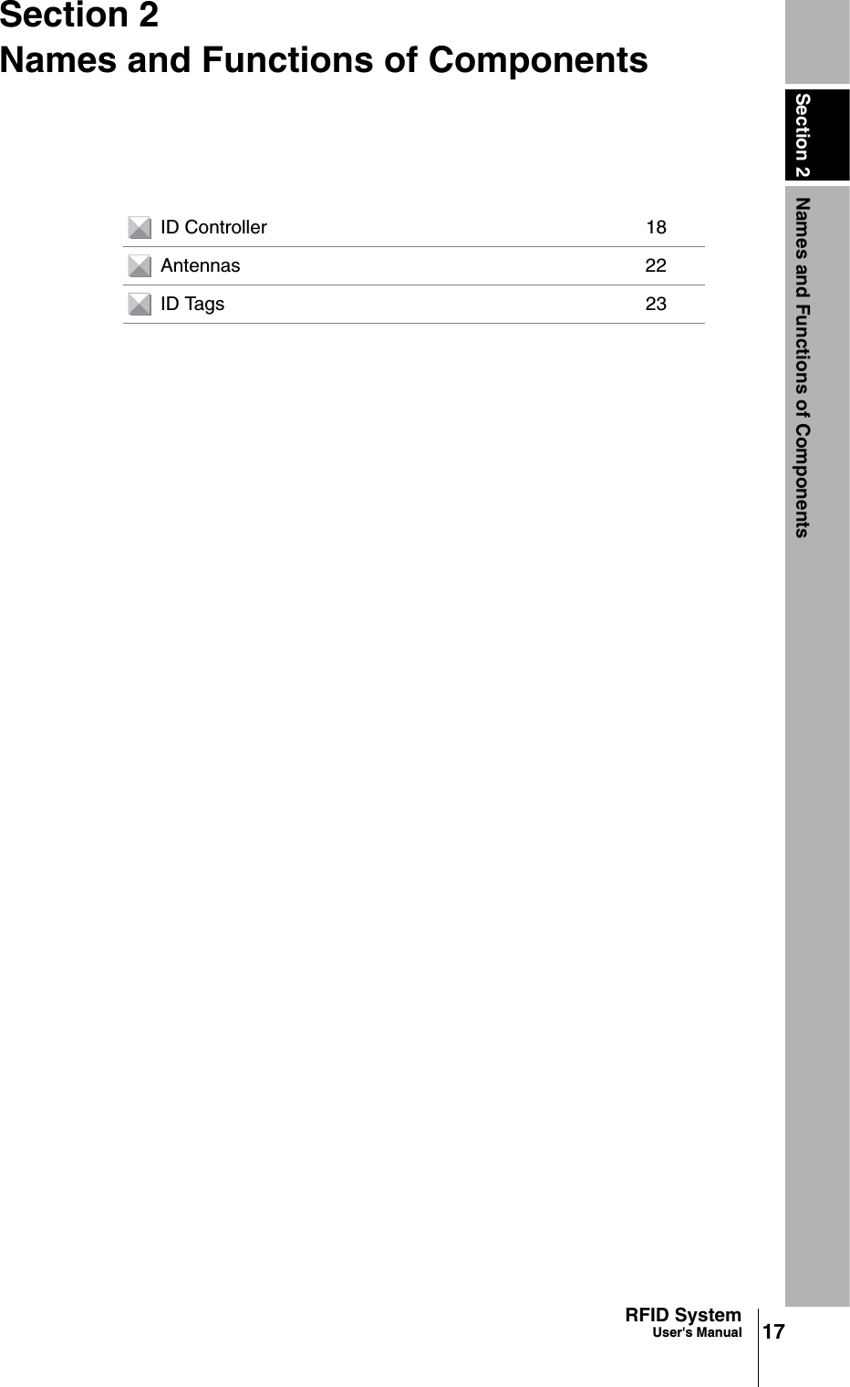 Section 2 Names and Functions of Components17RFID SystemUser&apos;s ManualSection 2Names and Functions of ComponentsID Controller 18Antennas 22ID Tags 23