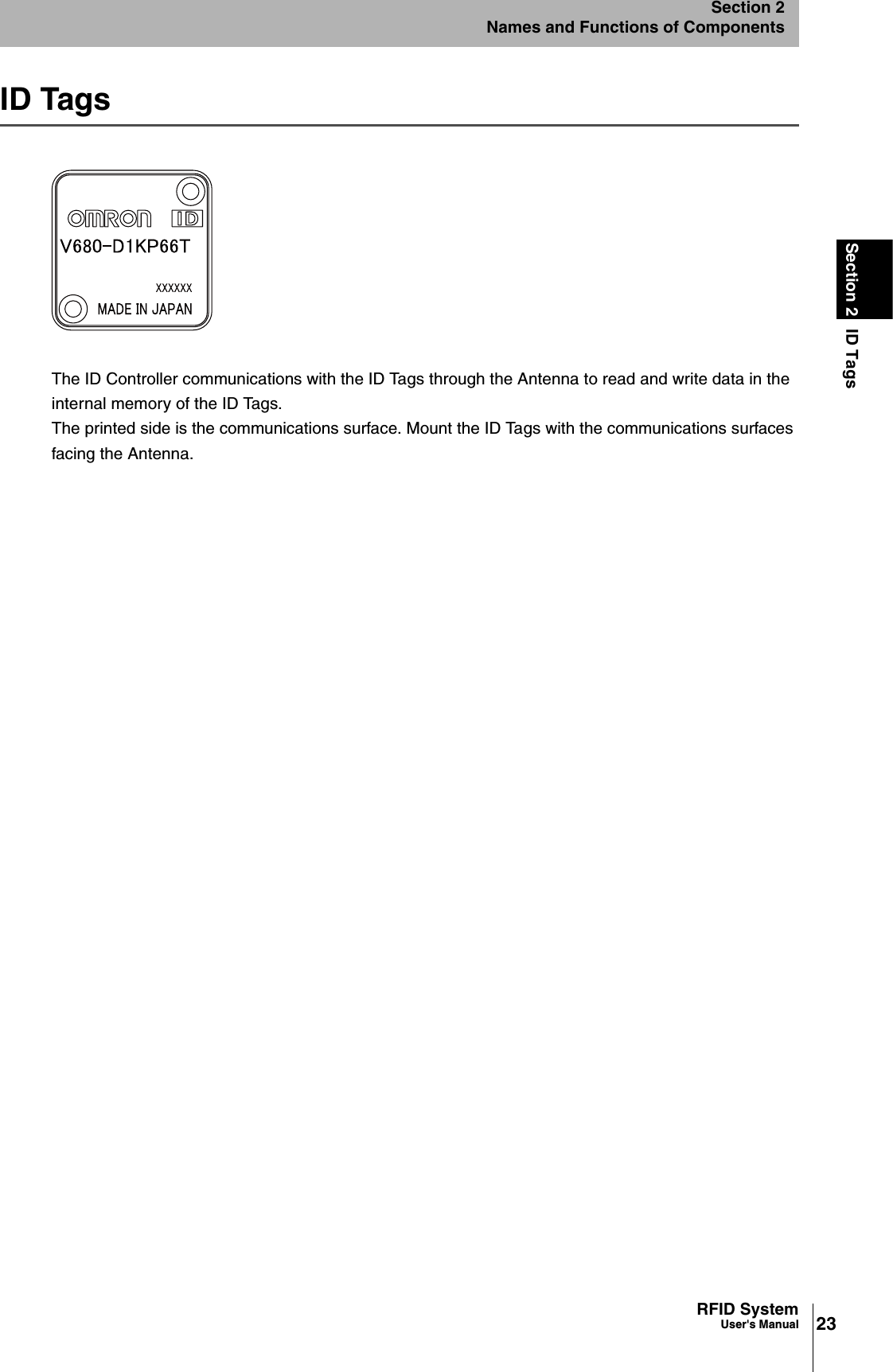 23RFID SystemUser&apos;s ManualSection 2 ID TagsSection 2Names and Functions of ComponentsID TagsThe ID Controller communications with the ID Tags through the Antenna to read and write data in the internal memory of the ID Tags. The printed side is the communications surface. Mount the ID Tags with the communications surfaces facing the Antenna. 
