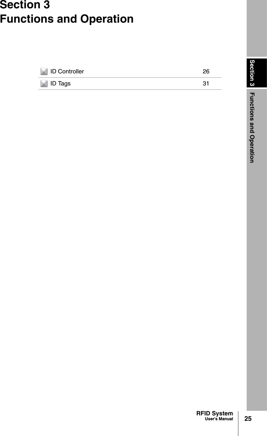 Section 3 Functions and Operation25RFID SystemUser&apos;s ManualSection 3Functions and OperationID Controller 26ID Tags 31
