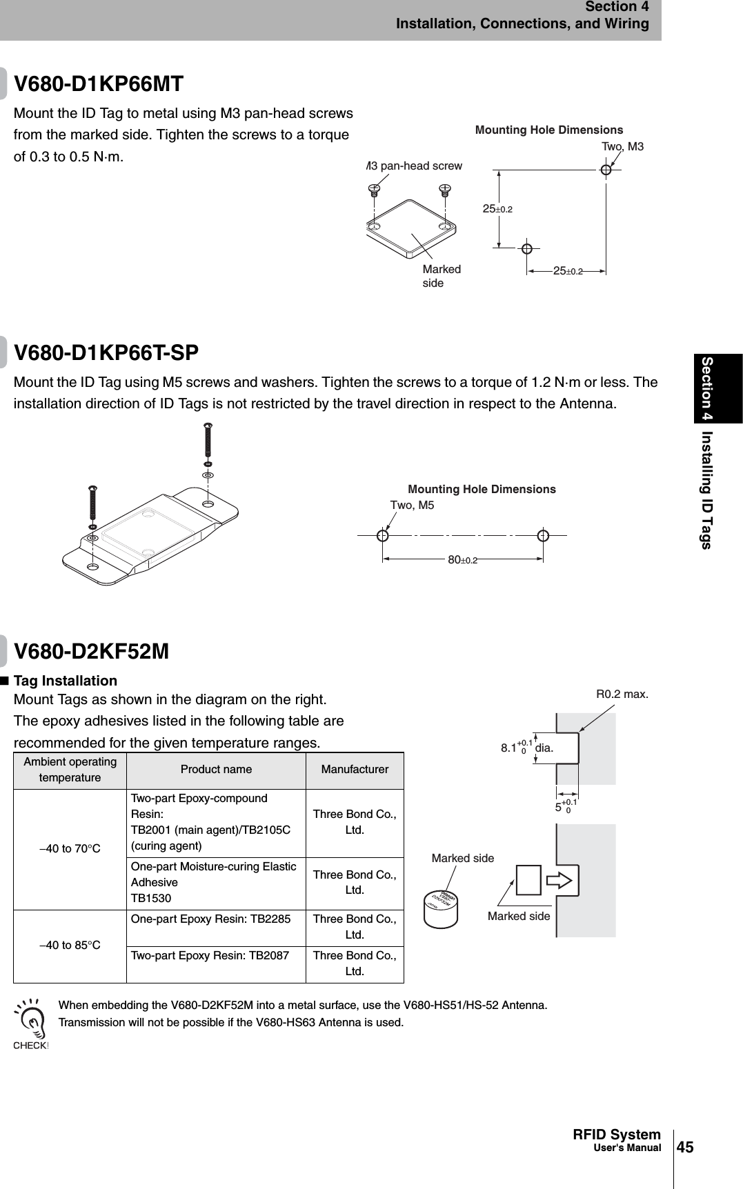 45RFID SystemUser&apos;s ManualSection 4 Installing ID TagsSection 4Installation, Connections, and WiringV680-D1KP66MTMount the ID Tag to metal using M3 pan-head screws from the marked side. Tighten the screws to a torque of 0.3 to 0.5 N·m.V680-D1KP66T-SPMount the ID Tag using M5 screws and washers. Tighten the screws to a torque of 1.2 N·m or less. The installation direction of ID Tags is not restricted by the travel direction in respect to the Antenna. V680-D2KF52MTag InstallationMount Tags as shown in the diagram on the right.The epoxy adhesives listed in the following table are recommended for the given temperature ranges.When embedding the V680-D2KF52M into a metal surface, use the V680-HS51/HS-52 Antenna.Transmission will not be possible if the V680-HS63 Antenna is used.Ambient operating temperature Product name Manufacturer−40 to 70°CTwo-part Epoxy-compound Resin:TB2001 (main agent)/TB2105C (curing agent)Three Bond Co., Ltd.One-part Moisture-curing Elastic AdhesiveTB1530Three Bond Co., Ltd.−40 to 85°COne-part Epoxy Resin: TB2285 Three Bond Co., Ltd.Two-part Epoxy Resin: TB2087 Three Bond Co., Ltd.Two, M3Mounting Hole DimensionsMarked side25±0.225±0.2M3 pan-head screwTwo, M5Mounting Hole Dimensions80±0.2R0.2 max.Marked sideMarked side8.1+0.10dia.5+0.10