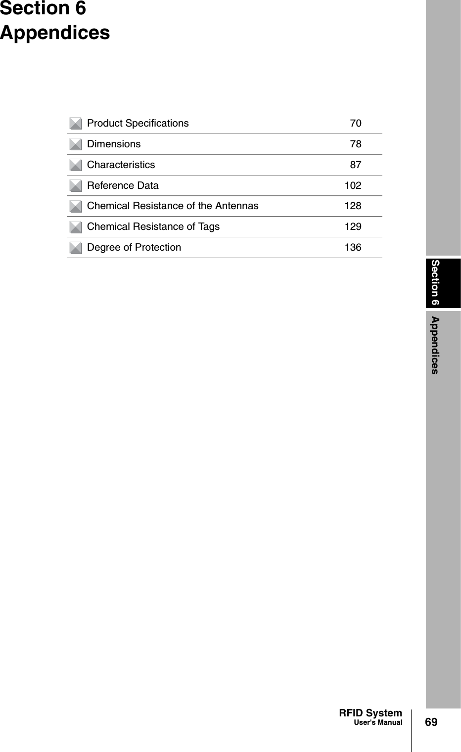 Section 6 Appendices69RFID SystemUser&apos;s ManualSection 6AppendicesProduct Specifications 70Dimensions 78Characteristics 87Reference Data 102Chemical Resistance of the Antennas 128Chemical Resistance of Tags 129Degree of Protection 136