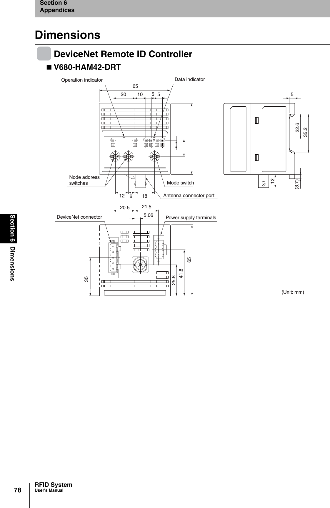 78Section 6 DimensionsRFID SystemUser&apos;s ManualSection 6AppendicesDimensionsDeviceNet Remote ID ControllerV680-HAM42-DRTOperation indicator Data indicatorNode addressswitches Mode switchAntenna connector port6520 10 5512 186535.222.612(3.7)6541.825.83520.5 21.55.06 Power supply terminalsDeviceNet connector(Unit: mm)