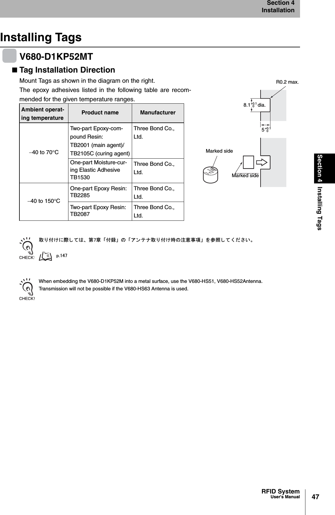 47RFID SystemUser&apos;s ManualSection 4 Installing TagsSection 4InstallationInstalling TagsV680-D1KP52MTTag Installation DirectionMount Tags as shown in the diagram on the right. The epoxy adhesives listed in the following table are recom-mended for the given temperature ranges.ข 䉍 ઃ䈔䈮㓙 䈚 䈩䈲䇮 ╙㪎┨ 䇸ઃ㍳䇹 䈱 䇸䉝 䊮 䊁 䊅ข 䉍 ઃ䈔ᤨ䈱ᵈᗧ੐㗄䇹 䉕ෳᾖ 䈚 䈩 䈒 䈣 䈘 䈇䇯㫇㪅㪈㪋㪎When embedding the V680-D1KP52M into a metal surface, use the V680-HS51, V680-HS52Antenna.Transmission will not be possible if the V680-HS63 Antenna is used.Ambient operat-ing temperatureProduct name Manufacturer40 to 70qCTwo-part Epoxy-com-pound Resin:TB2001 (main agent)/TB2105C (curing agent)Three Bond Co., Ltd.One-part Moisture-cur-ing Elastic Adhesive TB1530Three Bond Co., Ltd.40 to 150qCOne-part Epoxy Resin:TB2285Three Bond Co., Ltd.Two-part Epoxy Resin:TB2087Three Bond Co., Ltd.Marked side+0.1 dia.8.1 0+0.150Marked sideR0.2 max.