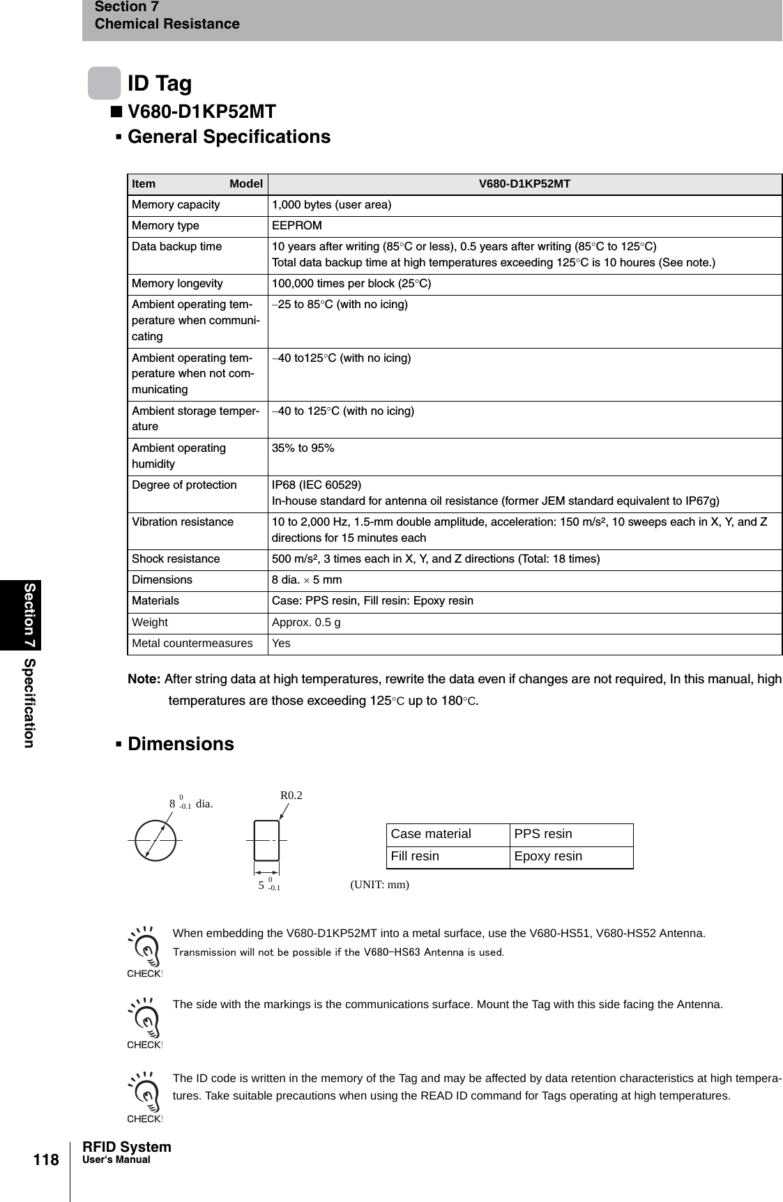 118Section 7 SpecificationRFID SystemUser&apos;s ManualSection 7Chemical ResistanceID TagV680-D1KP52MTGeneral SpecificationsNote: After string data at high temperatures, rewrite the data even if changes are not required, In this manual, hightemperatures are those exceeding 125°C up to 180°C.DimensionsWhen embedding the V680-D1KP52MT into a metal surface, use the V680-HS51, V680-HS52 Antenna.Transmission will not be possible if the V680-HS63 Antenna is used.The side with the markings is the communications surface. Mount the Tag with this side facing the Antenna.The ID code is written in the memory of the Tag and may be affected by data retention characteristics at high tempera-tures. Take suitable precautions when using the READ ID command for Tags operating at high temperatures.Item Model V680-D1KP52MTMemory capacity 1,000 bytes (user area)Memory type EEPROMData backup time 10 years after writing (85°C or less), 0.5 years after writing (85°C to 125°C)Total data backup time at high temperatures exceeding 125°C is 10 houres (See note.)Memory longevity 100,000 times per block (25°C)Ambient operating tem-perature when communi-cating−25 to 85°C (with no icing)Ambient operating tem-perature when not com-municating−40 to125°C (with no icing)Ambient storage temper-ature−40 to 125°C (with no icing)Ambient operating humidity35% to 95%Degree of protection IP68 (IEC 60529)In-house standard for antenna oil resistance (former JEM standard equivalent to IP67g)Vibration resistance 10 to 2,000 Hz, 1.5-mm double amplitude, acceleration: 150 m/s2, 10 sweeps each in X, Y, and Z directions for 15 minutes eachShock resistance 500 m/s2, 3 times each in X, Y, and Z directions (Total: 18 times)Dimensions 8 dia. × 5 mmMaterials Case: PPS resin, Fill resin: Epoxy resinWeight Approx. 0.5 gMetal countermeasures YesCase material PPS resinFill resin Epoxy resin8R0.20-0.150-0.1 (UNIT: mm)dia.