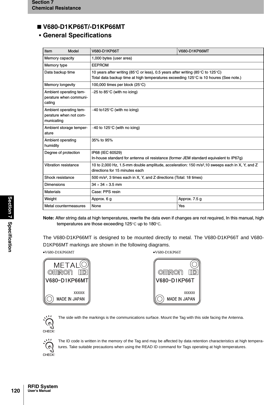 120Section 7 SpecificationRFID SystemUser&apos;s ManualSection 7Chemical ResistanceV680-D1KP66T/-D1KP66MTGeneral SpecificationsNote: After string data at high temperatures, rewrite the data even if changes are not required, In this manual, hightemperatures are those exceeding 125°C up to 180°C.The V680-D1KP66MT is designed to be mounted directly to metal. The V680-D1KP66T and V680-D1KP66MT markings are shown in the following diagrams.The side with the markings is the communications surface. Mount the Tag with this side facing the Antenna.The ID code is written in the memory of the Tag and may be affected by data retention characteristics at high tempera-tures. Take suitable precautions when using the READ ID command for Tags operating at high temperatures.Item Model V680-D1KP66T V680-D1KP66MTMemory capacity 1,000 bytes (user area)Memory type EEPROMData backup time 10 years after writing (85°C or less), 0.5 years after writing (85°C to 125°C)Total data backup time at high temperatures exceeding 125°C is 10 houres (See note.)Memory longevity 100,000 times per block (25°C)Ambient operating tem-perature when communi-cating−25 to 85°C (with no icing)Ambient operating tem-perature when not com-municating−40 to125°C (with no icing)Ambient storage temper-ature−40 to 125°C (with no icing)Ambient operating humidity35% to 95%Degree of protection IP68 (IEC 60529)In-house standard for antenna oil resistance (former JEM standard equivalent to IP67g)Vibration resistance 10 to 2,000 Hz, 1.5-mm double amplitude, acceleration: 150 m/s2,10 sweeps each in X, Y, and Z directions for 15 minutes eachShock resistance 500 m/s2, 3 times each in X, Y, and Z directions (Total: 18 times)Dimensions 34 × 34 × 3.5 mmMaterials Case: PPS resin Weight Approx. 6 g Approx. 7.5 gMetal countermeasures None Yes•V680-D1KP66MT •V680-D1KP66T