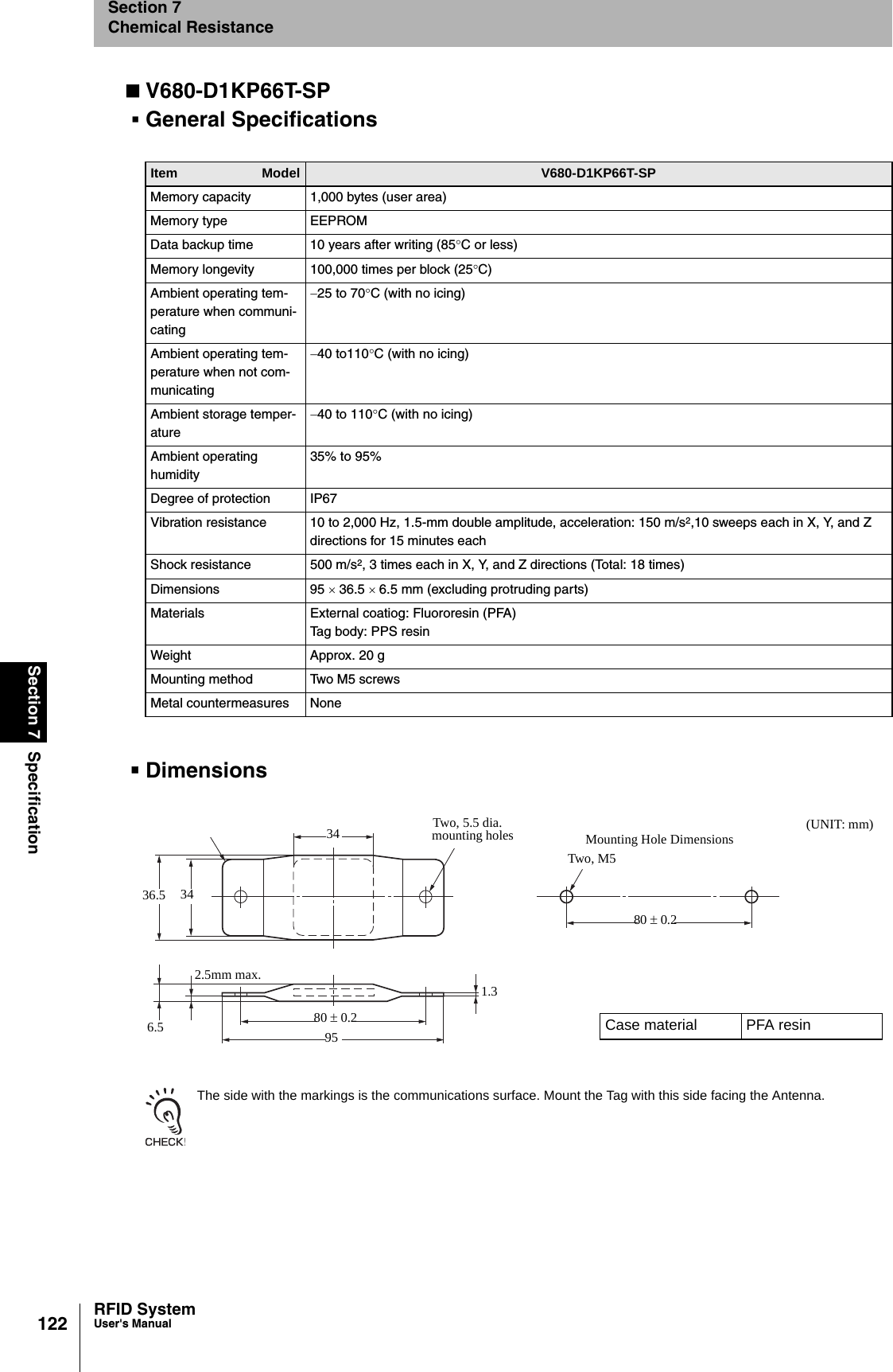 122Section 7 SpecificationRFID SystemUser&apos;s ManualSection 7Chemical ResistanceV680-D1KP66T-SPGeneral SpecificationsDimensionsThe side with the markings is the communications surface. Mount the Tag with this side facing the Antenna.Item Model V680-D1KP66T-SPMemory capacity 1,000 bytes (user area)Memory type EEPROMData backup time 10 years after writing (85°C or less)Memory longevity 100,000 times per block (25°C)Ambient operating tem-perature when communi-cating−25 to 70°C (with no icing)Ambient operating tem-perature when not com-municating−40 to110°C (with no icing)Ambient storage temper-ature−40 to 110°C (with no icing)Ambient operating humidity35% to 95%Degree of protection IP67Vibration resistance 10 to 2,000 Hz, 1.5-mm double amplitude, acceleration: 150 m/s2,10 sweeps each in X, Y, and Z directions for 15 minutes eachShock resistance 500 m/s2, 3 times each in X, Y, and Z directions (Total: 18 times)Dimensions 95 × 36.5 × 6.5 mm (excluding protruding parts)Materials External coatiog: Fluororesin (PFA)Tag body: PPS resinWeight Approx. 20 gMounting method Two M5 screwsMetal countermeasures None(UNIT: mm)Case material PFA resinTwo, M580 ± 0.2Mounting Hole DimensionsTwo, 5.5 dia.mounting holes80 ± 0.295343436.56.52.5mm max.1.3