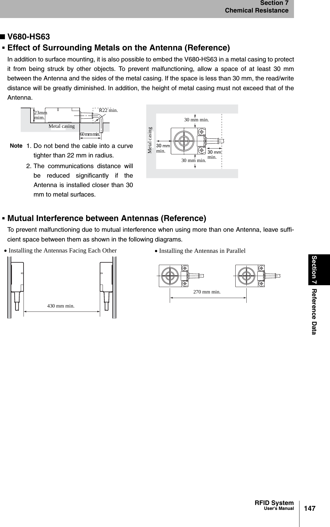 147RFID SystemUser&apos;s ManualSection 7 Reference DataSection 7Chemical ResistanceV680-HS63Effect of Surrounding Metals on the Antenna (Reference)In addition to surface mounting, it is also possible to embed the V680-HS63 in a metal casing to protectit from being struck by other objects. To prevent malfunctioning, allow a space of at least 30 mmbetween the Antenna and the sides of the metal casing. If the space is less than 30 mm, the read/writedistance will be greatly diminished. In addition, the height of metal casing must not exceed that of theAntenna.Mutual Interference between Antennas (Reference)To prevent malfunctioning due to mutual interference when using more than one Antenna, leave suffi-cient space between them as shown in the following diagrams.R22 min.60 mm min.23mmmim.Metal casing30 mmmin.30 mm min.30 mm min.Note 1. Do not bend the cable into a curvetighter than 22 mm in radius.2. The communications distance willbe reduced significantly if theAntenna is installed closer than 30mm to metal surfaces.30 mmmin.Metal casing• Installing the Antennas Facing Each Other • Installing the Antennas in Parallel430 mm min.270 mm min.