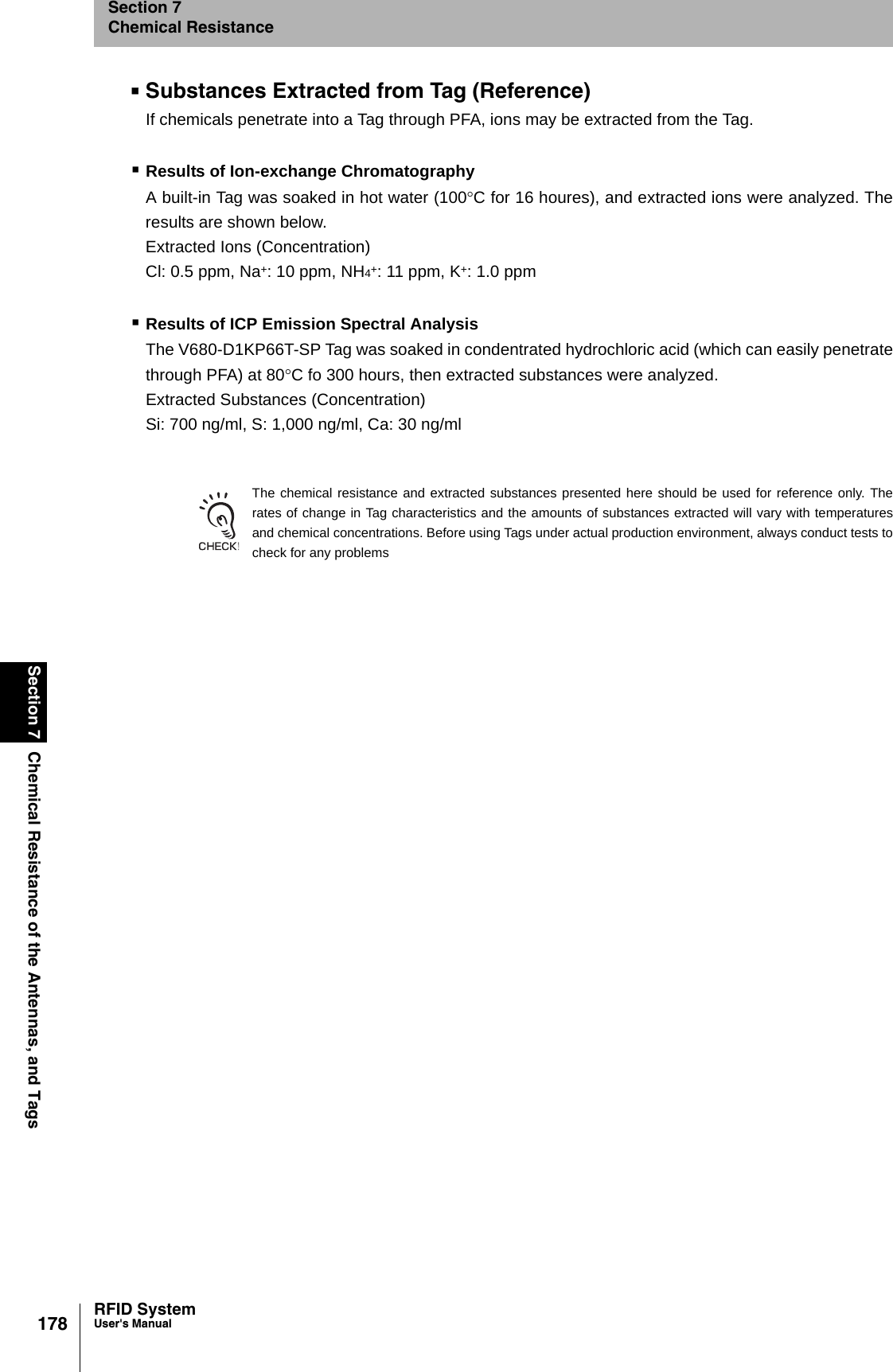 178Section 7 Chemical Resistance of the Antennas, and TagsRFID SystemUser&apos;s ManualSection 7Chemical ResistanceSubstances Extracted from Tag (Reference)If chemicals penetrate into a Tag through PFA, ions may be extracted from the Tag.Results of Ion-exchange ChromatographyA built-in Tag was soaked in hot water (100°C for 16 houres), and extracted ions were analyzed. Theresults are shown below.Extracted Ions (Concentration)Cl: 0.5 ppm, Na+: 10 ppm, NH4+: 11 ppm, K+: 1.0 ppmResults of ICP Emission Spectral AnalysisThe V680-D1KP66T-SP Tag was soaked in condentrated hydrochloric acid (which can easily penetratethrough PFA) at 80°C fo 300 hours, then extracted substances were analyzed.Extracted Substances (Concentration)Si: 700 ng/ml, S: 1,000 ng/ml, Ca: 30 ng/mlThe chemical resistance and extracted substances presented here should be used for reference only. Therates of change in Tag characteristics and the amounts of substances extracted will vary with temperaturesand chemical concentrations. Before using Tags under actual production environment, always conduct tests tocheck for any problems