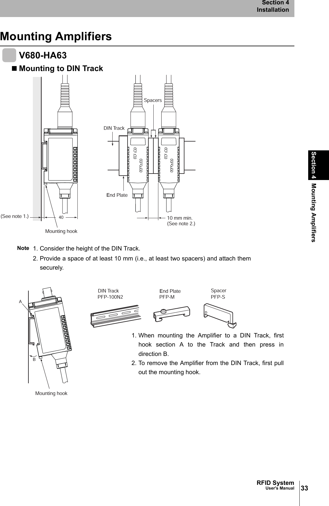 33RFID SystemUser&apos;s ManualSection 4 Mounting AmplifiersSection 4InstallationMounting AmplifiersV680-HA63Mounting to DIN TrackNote 1. Consider the height of the DIN Track.2. Provide a space of at least 10 mm (i.e., at least two spacers) and attach themsecurely.40End Plate10 mm min.(See note 2.)Mounting hook(See note 1.)DIN TrackSpacersABPFP-100N2 PFP-M PFP-SMounting hookEnd Plate SpacerDIN Track1. When mounting the Amplifier to a DIN Track, firsthook section A to the Track and then press indirection B. 2. To remove the Amplifier from the DIN Track, first pullout the mounting hook. 