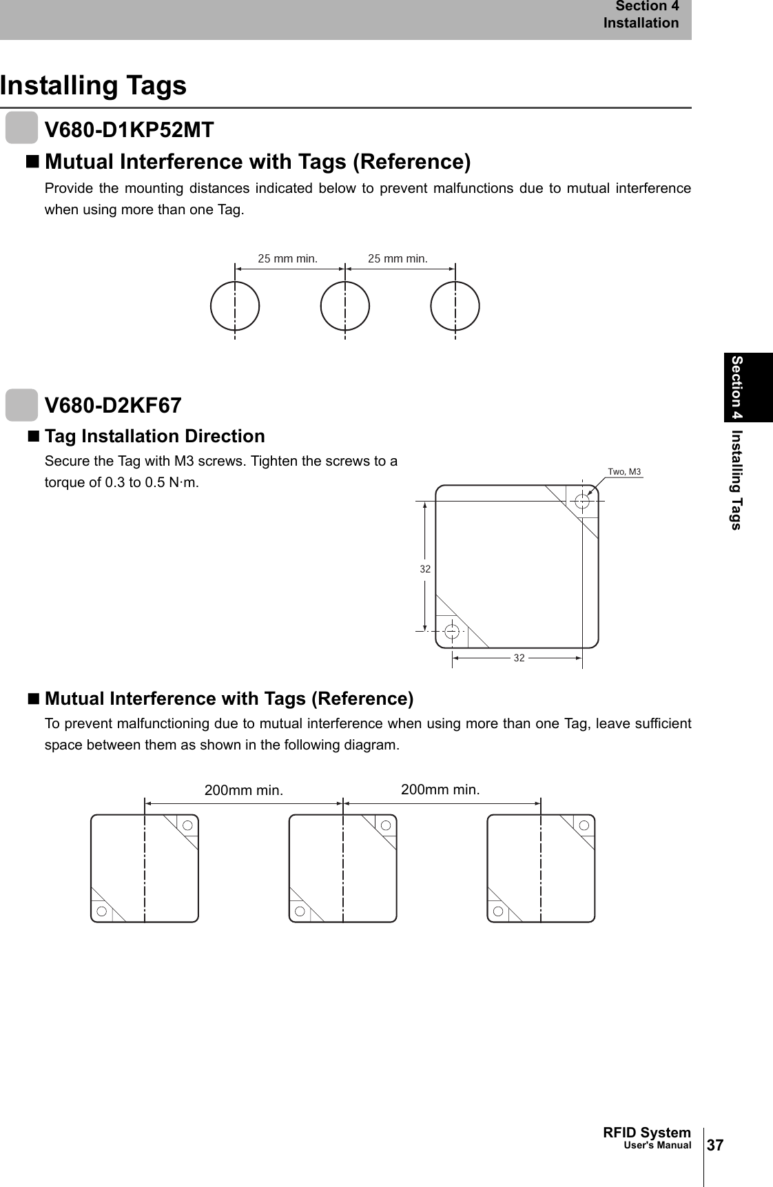 37RFID SystemUser&apos;s ManualSection 4 Installing TagsSection 4InstallationInstalling TagsV680-D1KP52MTMutual Interference with Tags (Reference)Provide the mounting distances indicated below to prevent malfunctions due to mutual interferencewhen using more than one Tag.V680-D2KF67Tag Installation DirectionSecure the Tag with M3 screws. Tighten the screws to atorque of 0.3 to 0.5 N·m.Mutual Interference with Tags (Reference)To prevent malfunctioning due to mutual interference when using more than one Tag, leave sufficientspace between them as shown in the following diagram.25 mm min.  25 mm min.3232Two, M3200mm min. 200mm min.