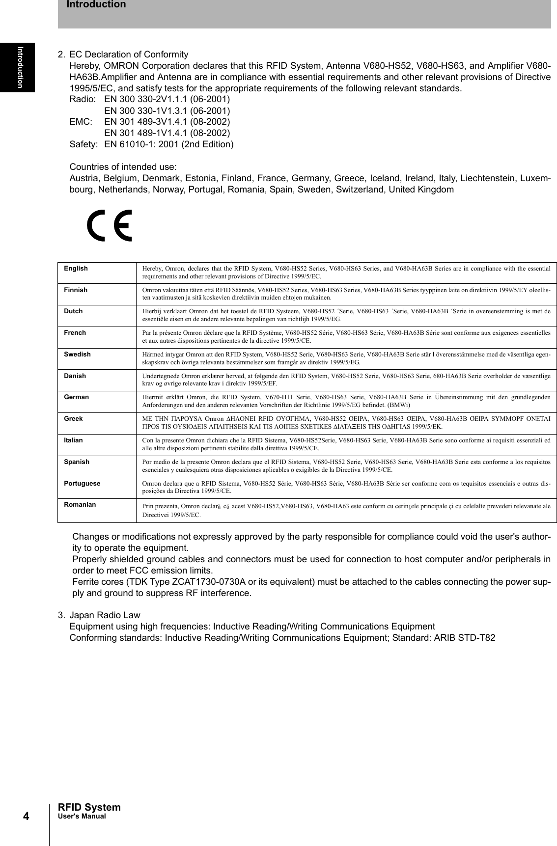 4IntroductionRFID SystemUser&apos;s ManualIntroduction2. EC Declaration of ConformityHereby, OMRON Corporation declares that this RFID System, Antenna V680-HS52, V680-HS63, and Amplifier V680-HA63B.Amplifier and Antenna are in compliance with essential requirements and other relevant provisions of Directive1995/5/EC, and satisfy tests for the appropriate requirements of the following relevant standards.Radio: EN 300 330-2V1.1.1 (06-2001)EN 300 330-1V1.3.1 (06-2001)EMC: EN 301 489-3V1.4.1 (08-2002)EN 301 489-1V1.4.1 (08-2002)Safety: EN 61010-1: 2001 (2nd Edition)Countries of intended use:Austria, Belgium, Denmark, Estonia, Finland, France, Germany, Greece, Iceland, Ireland, Italy, Liechtenstein, Luxem-bourg, Netherlands, Norway, Portugal, Romania, Spain, Sweden, Switzerland, United KingdomChanges or modifications not expressly approved by the party responsible for compliance could void the user&apos;s author-ity to operate the equipment.Properly shielded ground cables and connectors must be used for connection to host computer and/or peripherals inorder to meet FCC emission limits.Ferrite cores (TDK Type ZCAT1730-0730A or its equivalent) must be attached to the cables connecting the power sup-ply and ground to suppress RF interference.3. Japan Radio LawEquipment using high frequencies: Inductive Reading/Writing Communications EquipmentConforming standards: Inductive Reading/Writing Communications Equipment; Standard: ARIB STD-T82English Hereby, Omron, declares that the RFID System, V680-HS52 Series, V680-HS63 Series, and V680-HA63B Series are in compliance with the essentialrequirements and other relevant provisions of Directive 1999/5/EC.Finnish Omron vakuuttaa täten että RFID Säännös, V680-HS52 Series, V680-HS63 Series, V680-HA63B Series tyyppinen laite on direktiivin 1999/5/EY oleellis-ten vaatimusten ja sitä koskevien direktiivin muiden ehtojen mukainen.Dutch Hierbij verklaart Omron dat het toestel de RFID Systeem, V680-HS52 ´Serie, V680-HS63 ´Serie, V680-HA63B ´Serie in overeenstemming is met deessentiële eisen en de andere relevante bepalingen van richtlijh 1999/5/EG.French Par la présente Omron déclare que la RFID Système, V680-HS52 Série, V680-HS63 Série, V680-HA63B Série sont conforme aux exigences essentielleset aux autres dispositions pertinentes de la directive 1999/5/CE.Swedish Härmed intygar Omron att den RFID System, V680-HS52 Serie, V680-HS63 Serie, V680-HA63B Serie stär l överensstämmelse med de väsentliga egen-skapskrav och övriga relevanta bestämmelser som framgår av direktiv 1999/5/EG.Danish Undertegnede Omron erklærer herved, at følgende den RFID System, V680-HS52 Serie, V680-HS63 Serie, 680-HA63B Serie overholder de væsentligekrav og øvrige relevante krav i direktiv 1999/5/EF.German Hiermit erklärt Omron, die RFID System, V670-H11 Serie, V680-HS63 Serie, V680-HA63B Serie in Übereinstimmung mit den grundlegendenAnforderungen und den anderen relevanten Vorschriften der Richtlinie 1999/5/EG befindet. (BMWi)Greek ME THN ΠAPOYSA Omron ∆HΛONEI RFID O’YO’ΓΗΜΑ, V680-HS52 O’EIPA, V680-HS63 O’EIPA, V680-HA63B O’EIPA SYMMOPF ONETAIΠPOS TIS OYSIO∆EIS AΠAITHSEIS KAI TIS ΛOIΠES SXETIKES ∆IATAΞEIS THS O∆HΓIAS 1999/5/EK.Italian Con la presente Omron dichiara che la RFID Sistema, V680-HS52Serie, V680-HS63 Serie, V680-HA63B Serie sono conforme ai requisiti essenziali edalle altre disposizioni pertinenti stabilite dalla direttiva 1999/5/CE.Spanish Por medio de la presente Omron declara que el RFID Sistema, V680-HS52 Serie, V680-HS63 Serie, V680-HA63B Serie esta conforme a los requisitosesenciales y cualesquiera otras disposiciones aplicables o exigibles de la Directiva 1999/5/CE.Portuguese Omron declara que a RFID Sistema, V680-HS52 Série, V680-HS63 Série, V680-HA63B Série ser conforme com os tequisitos essenciais e outras dis-posições da Directiva 1999/5/CE.Romanian Prin prezenta, Omron declar  c  acest V680-HS52,V680-HS63, V680-HA63 este conform cu cerin ele principale çi cu celelalte prevederi relevanate aleDirectivei 1999/5/EC.