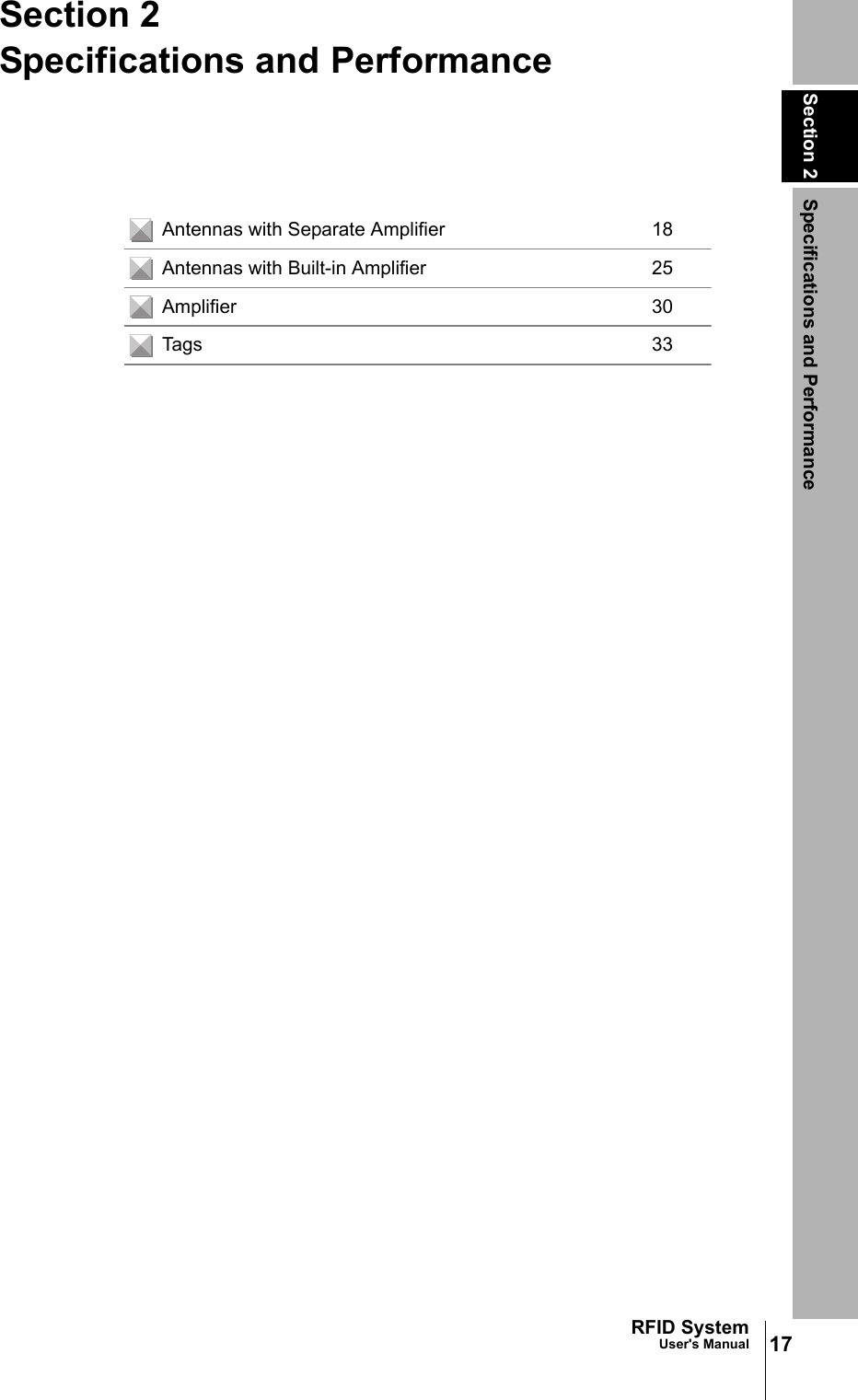 Section 2 Specifications and Performance17RFID SystemUser&apos;s ManualSection 2Specifications and PerformanceAntennas with Separate Amplifier 18Antennas with Built-in Amplifier 25Amplifier 30Tags 33