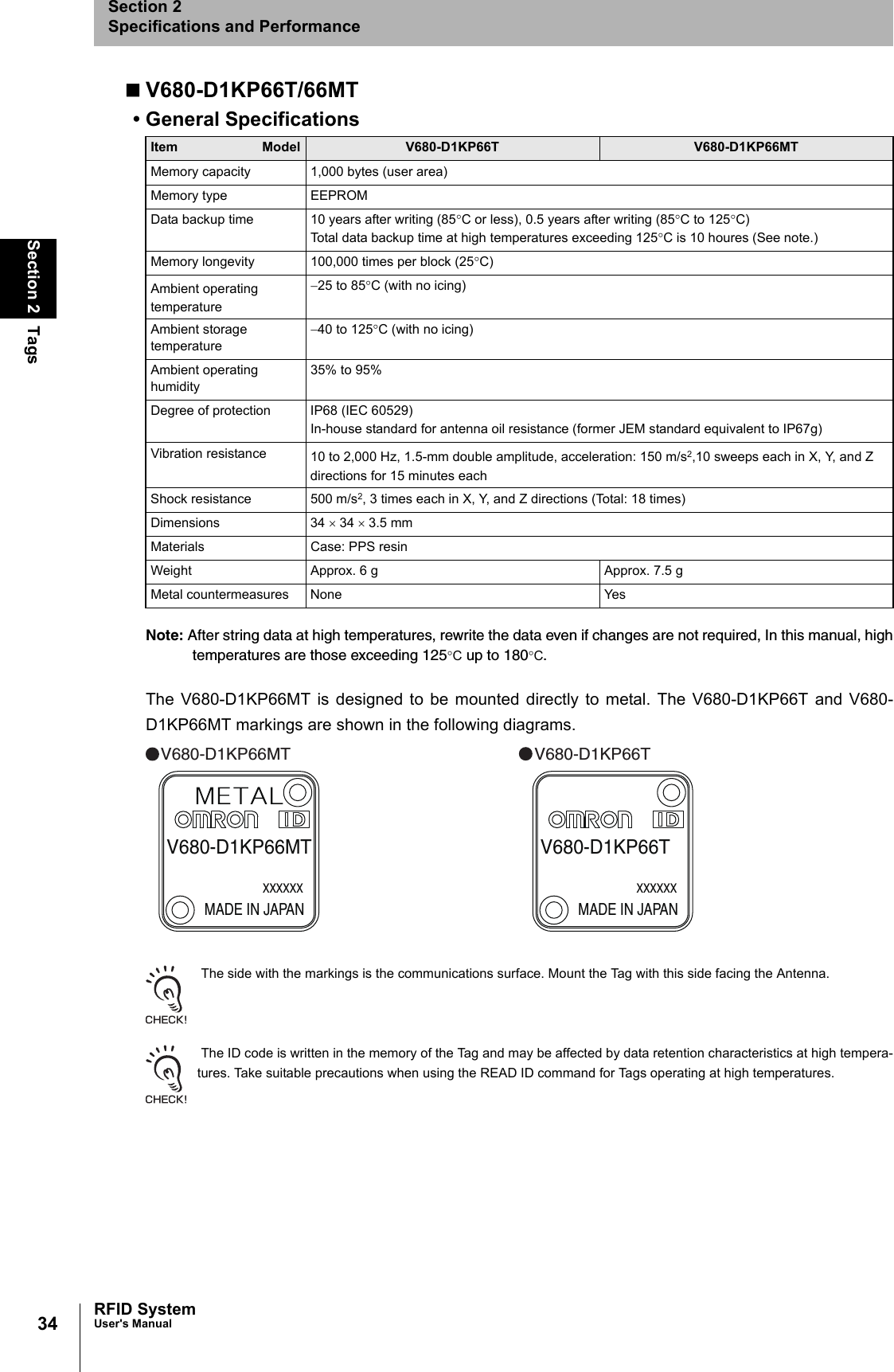 34Section 2 TagsRFID SystemUser&apos;s ManualSection 2Specifications and PerformanceV680-D1KP66T/66MT• General SpecificationsNote: After string data at high temperatures, rewrite the data even if changes are not required, In this manual, hightemperatures are those exceeding 125°C up to 180°C.The V680-D1KP66MT is designed to be mounted directly to metal. The V680-D1KP66T and V680-D1KP66MT markings are shown in the following diagrams.  The side with the markings is the communications surface. Mount the Tag with this side facing the Antenna. The ID code is written in the memory of the Tag and may be affected by data retention characteristics at high tempera-tures. Take suitable precautions when using the READ ID command for Tags operating at high temperatures.Item Model V680-D1KP66T V680-D1KP66MTMemory capacity 1,000 bytes (user area)Memory type EEPROMData backup time 10 years after writing (85°C or less), 0.5 years after writing (85°C to 125°C)Total data backup time at high temperatures exceeding 125°C is 10 houres (See note.)Memory longevity 100,000 times per block (25°C)Ambient operating temperature−25 to 85°C (with no icing)Ambient storage temperature−40 to 125°C (with no icing)Ambient operating humidity35% to 95%Degree of protection IP68 (IEC 60529)In-house standard for antenna oil resistance (former JEM standard equivalent to IP67g)Vibration resistance 10 to 2,000 Hz, 1.5-mm double amplitude, acceleration: 150 m/s2,10 sweeps each in X, Y, and Z directions for 15 minutes eachShock resistance 500 m/s2, 3 times each in X, Y, and Z directions (Total: 18 times)Dimensions 34 × 34 × 3.5 mmMaterials Case: PPS resin Weight Approx. 6 g Approx. 7.5 gMetal countermeasures None YesV680-D1KP66MT V680-D1KP66TMADE IN JAPANXXXXXXV680-D1KP66MTMADE IN JAPANXXXXXXV680-D1KP66T