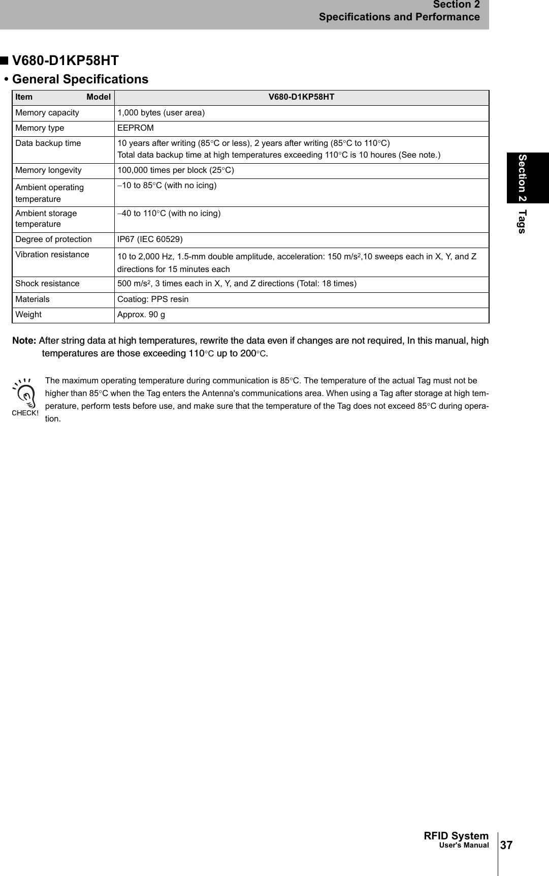 37RFID SystemUser&apos;s ManualSection 2 TagsSection 2Specifications and PerformanceV680-D1KP58HT• General SpecificationsNote: After string data at high temperatures, rewrite the data even if changes are not required, In this manual, hightemperatures are those exceeding 110°C up to 200°C.The maximum operating temperature during communication is 85°C. The temperature of the actual Tag must not behigher than 85°C when the Tag enters the Antenna&apos;s communications area. When using a Tag after storage at high tem-perature, perform tests before use, and make sure that the temperature of the Tag does not exceed 85°C during opera-tion.Item Model V680-D1KP58HTMemory capacity 1,000 bytes (user area)Memory type EEPROMData backup time 10 years after writing (85°C or less), 2 years after writing (85°C to 110°C)Total data backup time at high temperatures exceeding 110°C is 10 houres (See note.)Memory longevity 100,000 times per block (25°C)Ambient operating temperature−10 to 85°C (with no icing)Ambient storage temperature−40 to 110°C (with no icing)Degree of protection IP67 (IEC 60529)Vibration resistance 10 to 2,000 Hz, 1.5-mm double amplitude, acceleration: 150 m/s2,10 sweeps each in X, Y, and Z directions for 15 minutes eachShock resistance 500 m/s2, 3 times each in X, Y, and Z directions (Total: 18 times)Materials Coatiog: PPS resinWeight Approx. 90 g