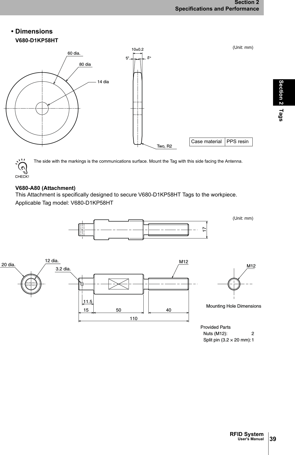 39RFID SystemUser&apos;s ManualSection 2 TagsSection 2Specifications and Performance• DimensionsV680-D1KP58HT The side with the markings is the communications surface. Mount the Tag with this side facing the Antenna.V680-A80 (Attachment)This Attachment is specifically designed to secure V680-D1KP58HT Tags to the workpiece.Applicable Tag model: V680-D1KP58HT10±0.25°14 dia60 dia.80 diaTwo, R25°(Unit: mm)Case material PPS resinMounting Hole Dimensions20 dia. M12M12405011.5151103.2 dia.12 dia.1721Nuts (M12):Provided PartsSplit pin (3.2 × 20 mm):(Unit: mm)