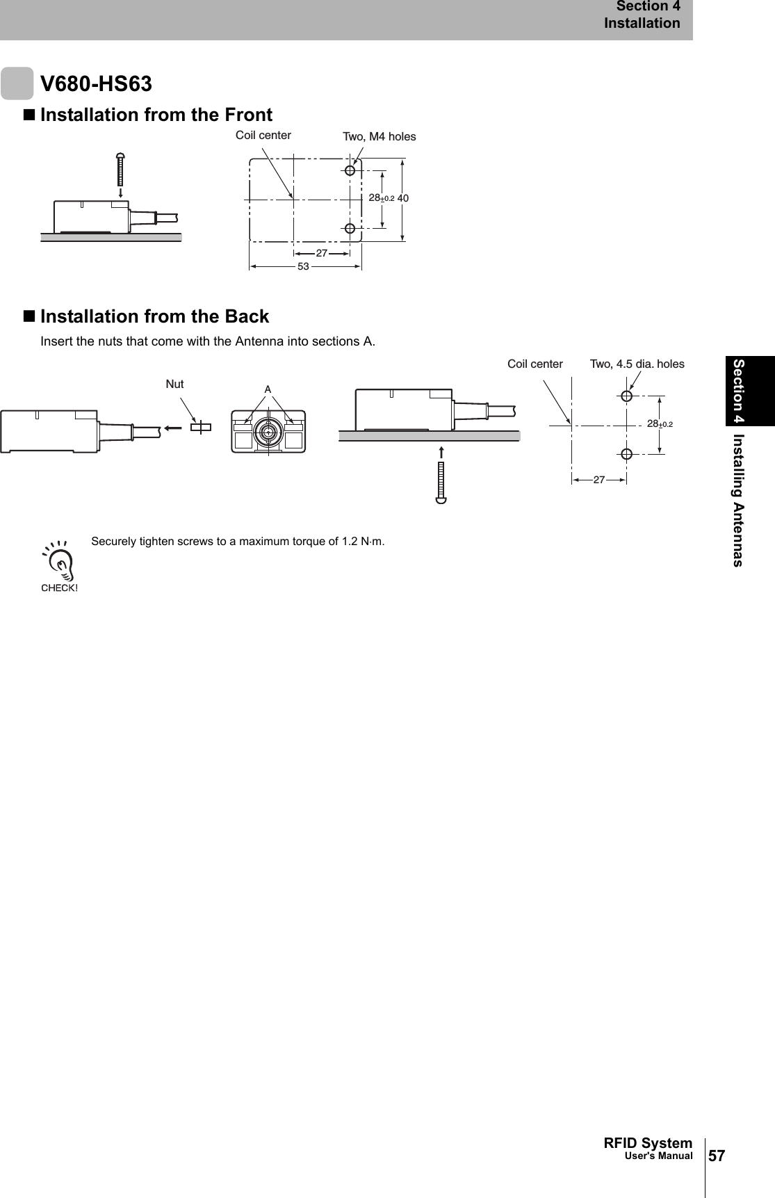 57RFID SystemUser&apos;s ManualSection 4 Installing AntennasSection 4InstallationV680-HS63Installation from the FrontInstallation from the BackInsert the nuts that come with the Antenna into sections A. Securely tighten screws to a maximum torque of 1.2 N⋅m.28+0.2 402753Coil center Two, M4 holes28+0.2A27NutTwo, 4.5 dia. holesCoil center