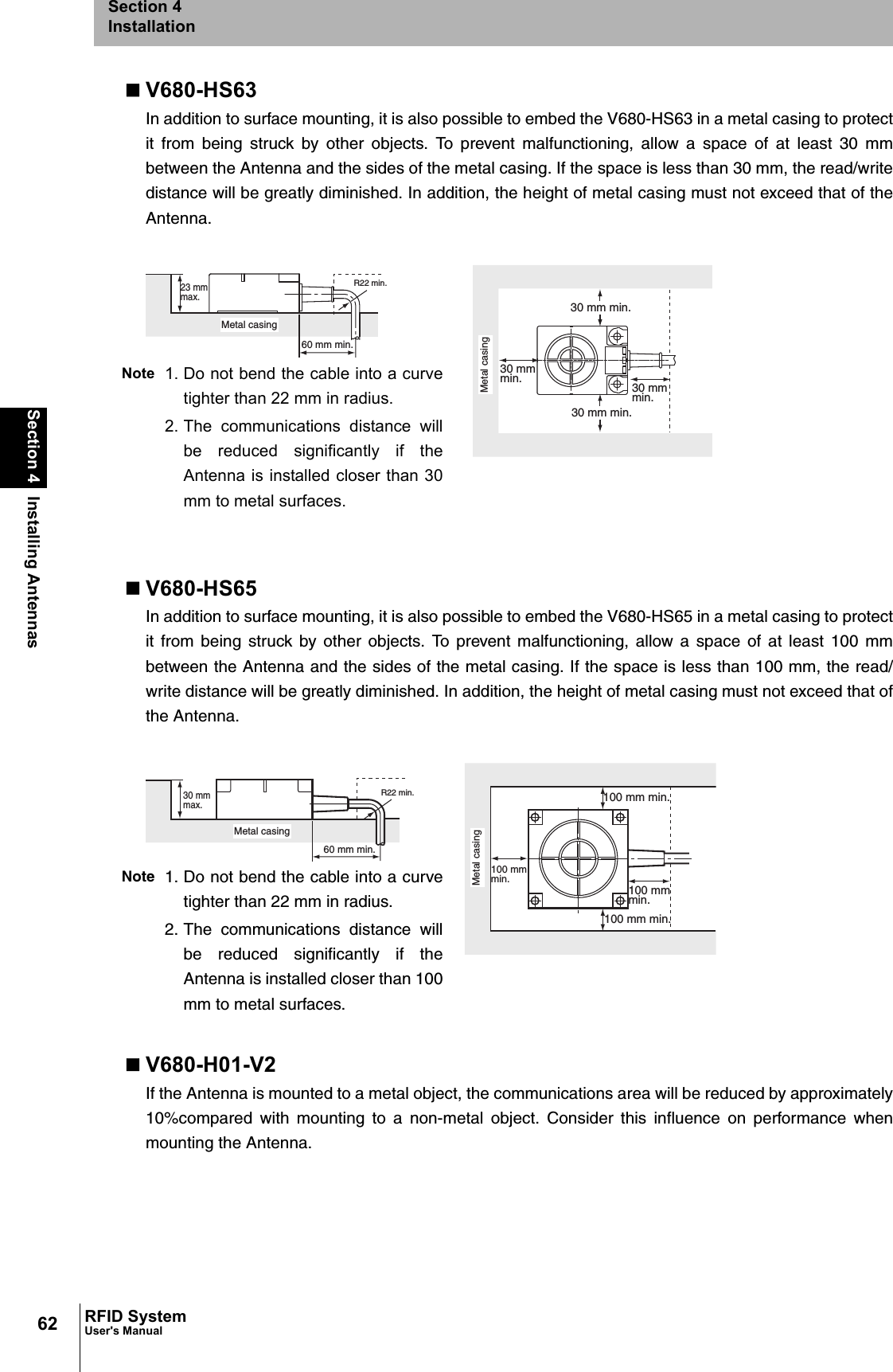 62Section 4 Installing AntennasRFID SystemUser&apos;s ManualSection 4InstallationV680-HS63In addition to surface mounting, it is also possible to embed the V680-HS63 in a metal casing to protectit from being struck by other objects. To prevent malfunctioning, allow a space of at least 30 mmbetween the Antenna and the sides of the metal casing. If the space is less than 30 mm, the read/writedistance will be greatly diminished. In addition, the height of metal casing must not exceed that of theAntenna.V680-HS65In addition to surface mounting, it is also possible to embed the V680-HS65 in a metal casing to protectit from being struck by other objects. To prevent malfunctioning, allow a space of at least 100 mmbetween the Antenna and the sides of the metal casing. If the space is less than 100 mm, the read/write distance will be greatly diminished. In addition, the height of metal casing must not exceed that ofthe Antenna.V680-H01-V2If the Antenna is mounted to a metal object, the communications area will be reduced by approximately10%compared with mounting to a non-metal object. Consider this influence on performance whenmounting the Antenna.R22 min.60 mm min.23 mmmax.Metal casingMetal casing30 mmmin.30 mm min.30 mm min.30 mmmin.Note 1. Do not bend the cable into a curvetighter than 22 mm in radius.2. The communications distance willbe reduced significantly if theAntenna is installed closer than 30mm to metal surfaces.R22 min.60 mm min.30 mmmax.Metal casingMetal casing100 mmmin.100 mm min.100 mm min.100 mmmin.Note 1. Do not bend the cable into a curvetighter than 22 mm in radius.2. The communications distance willbe reduced significantly if theAntenna is installed closer than 100mm to metal surfaces.