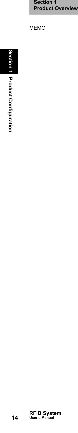 14Section 1 Product ConfigurationRFID SystemUser’s ManualSection 1Product OverviewMEMO