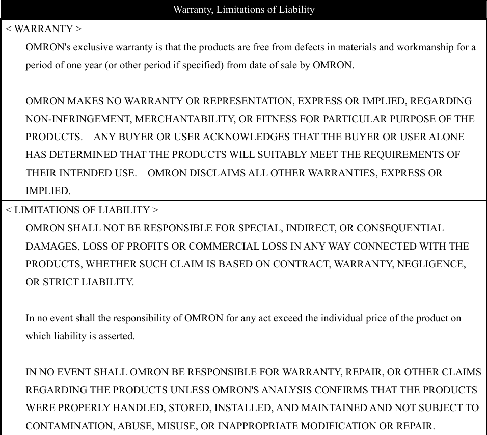  Warranty, Limitations of Liability &lt; WARRANTY &gt; OMRON&apos;s exclusive warranty is that the products are free from defects in materials and workmanship for a period of one year (or other period if specified) from date of sale by OMRON.  OMRON MAKES NO WARRANTY OR REPRESENTATION, EXPRESS OR IMPLIED, REGARDING NON-INFRINGEMENT, MERCHANTABILITY, OR FITNESS FOR PARTICULAR PURPOSE OF THE PRODUCTS.    ANY BUYER OR USER ACKNOWLEDGES THAT THE BUYER OR USER ALONE HAS DETERMINED THAT THE PRODUCTS WILL SUITABLY MEET THE REQUIREMENTS OF THEIR INTENDED USE.    OMRON DISCLAIMS ALL OTHER WARRANTIES, EXPRESS OR IMPLIED.   &lt; LIMITATIONS OF LIABILITY &gt; OMRON SHALL NOT BE RESPONSIBLE FOR SPECIAL, INDIRECT, OR CONSEQUENTIAL DAMAGES, LOSS OF PROFITS OR COMMERCIAL LOSS IN ANY WAY CONNECTED WITH THE PRODUCTS, WHETHER SUCH CLAIM IS BASED ON CONTRACT, WARRANTY, NEGLIGENCE, OR STRICT LIABILITY.      In no event shall the responsibility of OMRON for any act exceed the individual price of the product on which liability is asserted.      IN NO EVENT SHALL OMRON BE RESPONSIBLE FOR WARRANTY, REPAIR, OR OTHER CLAIMS REGARDING THE PRODUCTS UNLESS OMRON&apos;S ANALYSIS CONFIRMS THAT THE PRODUCTS WERE PROPERLY HANDLED, STORED, INSTALLED, AND MAINTAINED AND NOT SUBJECT TO CONTAMINATION, ABUSE, MISUSE, OR INAPPROPRIATE MODIFICATION OR REPAIR.    