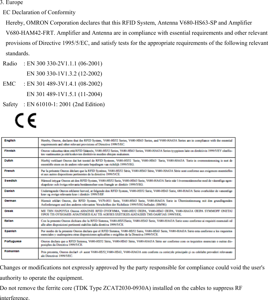  3. Europe EC Declaration of Conformity Hereby, OMRON Corporation declares that this RFID System, Antenna V680-HS63-SP and Amplifier V680-HAM42-FRT. Amplifier and Antenna are in compliance with essential requirements and other relevant provisions of Directive 1995/5/EC, and satisfy tests for the appropriate requirements of the following relevant standards. Radio  : EN 300 330-2V1.1.1 (06-2001) EN 300 330-1V1.3.2 (12-2002) EMC  : EN 301 489-3V1.4.1 (08-2002) EN 301 489-1V1.5.1 (11-2004) Safety  : EN 61010-1: 2001 (2nd Edition)  Changes or modifications not expressly approved by the party responsible for compliance could void the user&apos;s authority to operate the equipment. Do not remove the ferrite core (TDK Type ZCAT2030-0930A) installed on the cables to suppress RF interference.  