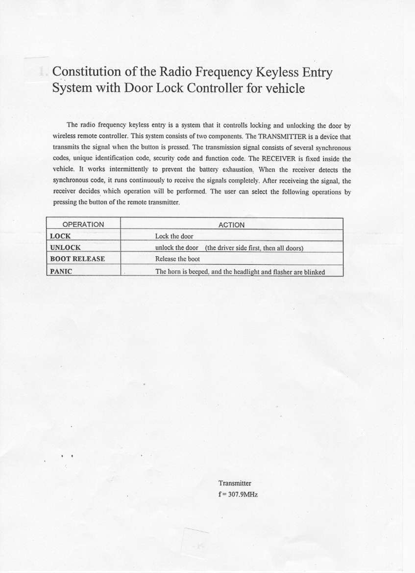 Keyless Entry Sytem Receiver User Manual