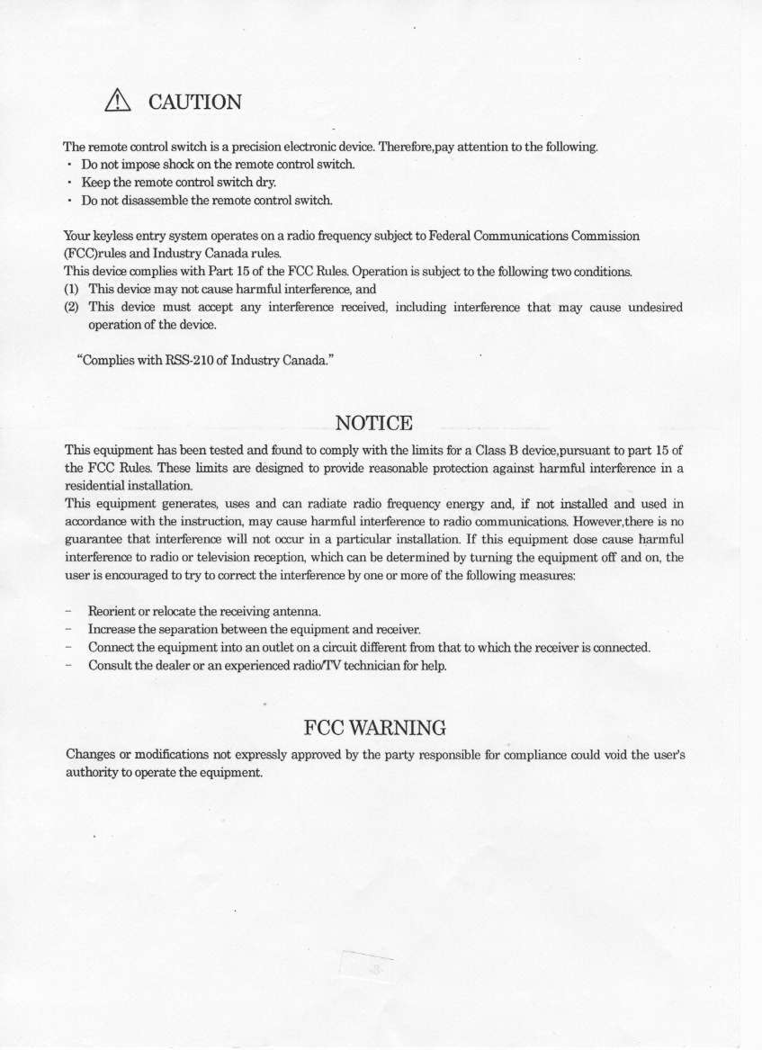 Keyless Entry Sytem Receiver User Manual