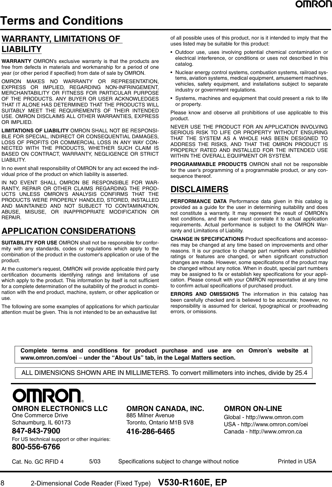 Page 7 of 7 - Omron Omron-V530-R160E-Users-Manual- V530-R160E,EP 2-Dimensional Code Reader (FixedType) Data Sheet Omron-v530-r160e-users-manual