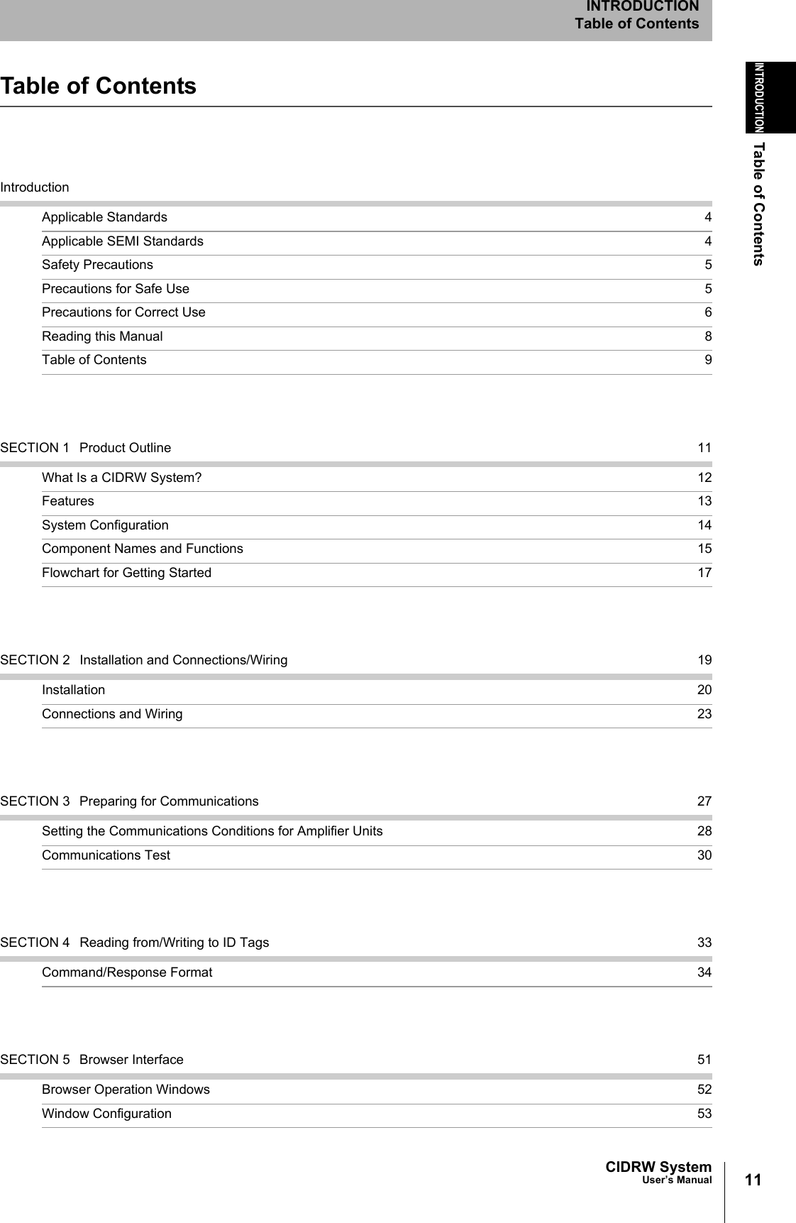 11CIDRW SystemUser’s ManualINTRODUCTIONTable of ContentsINTRODUCTIONTable of ContentsTable of ContentsIntroductionApplicable Standards 4Applicable SEMI Standards 4Safety Precautions 5Precautions for Safe Use 5Precautions for Correct Use 6Reading this Manual 8Table of Contents 9SECTION 1 Product Outline 11What Is a CIDRW System? 12Features 13System Configuration 14Component Names and Functions 15Flowchart for Getting Started 17SECTION 2 Installation and Connections/Wiring 19Installation 20Connections and Wiring 23SECTION 3 Preparing for Communications 27Setting the Communications Conditions for Amplifier Units 28Communications Test 30SECTION 4 Reading from/Writing to ID Tags 33Command/Response Format 34SECTION 5 Browser Interface 51Browser Operation Windows 52Window Configuration 53