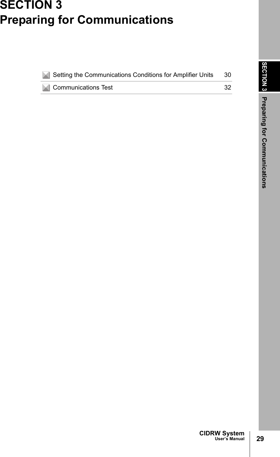 SECTION 3Preparing for Communications29CIDRW SystemUser’s ManualSECTION 3Preparing for CommunicationsSetting the Communications Conditions for Amplifier Units 30Communications Test 32