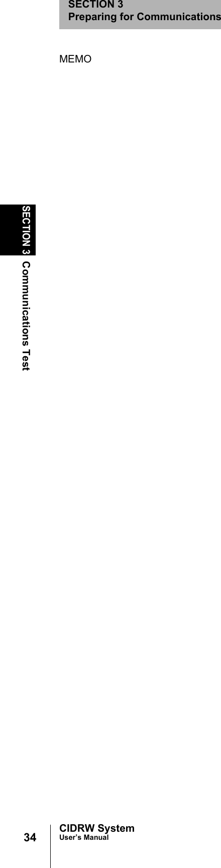 34SECTION 3Communications TestCIDRW SystemUser’s ManualSECTION 3Preparing for CommunicationsMEMO
