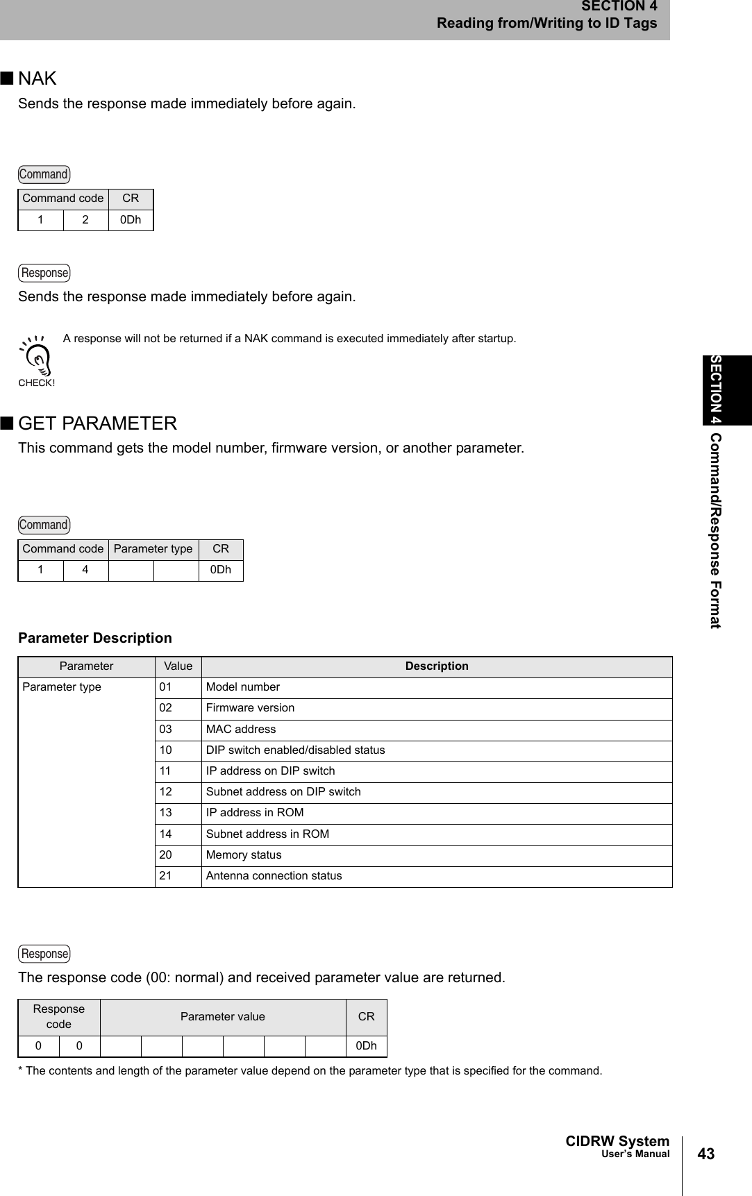 43CIDRW SystemUser’s ManualSECTION 4Command/Response FormatSECTION 4Reading from/Writing to ID Tags■NAKSends the response made immediately before again.Sends the response made immediately before again.A response will not be returned if a NAK command is executed immediately after startup. ■GET PARAMETERThis command gets the model number, firmware version, or another parameter. The response code (00: normal) and received parameter value are returned.* The contents and length of the parameter value depend on the parameter type that is specified for the command. Command code CR120DhCommand code Parameter type CR14 0DhParameter DescriptionParameter Value DescriptionParameter type 01 Model number02 Firmware version03 MAC address10 DIP switch enabled/disabled status11 IP address on DIP switch12 Subnet address on DIP switch13 IP address in ROM14 Subnet address in ROM20 Memory status21 Antenna connection statusResponse code Parameter value CR00 0DhCommandResponseCommandResponse