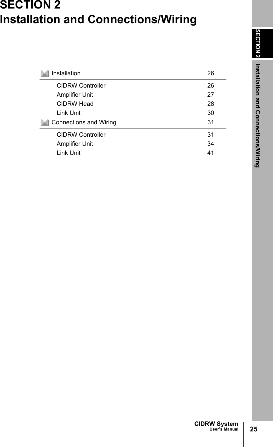 SECTION 2Installation and Connections/Wiring25CIDRW SystemUser’s ManualSECTION 2Installation and Connections/WiringInstallation 26CIDRW Controller 26Amplifier Unit 27CIDRW Head 28Link Unit 30Connections and Wiring 31CIDRW Controller 31Amplifier Unit 34Link Unit 41