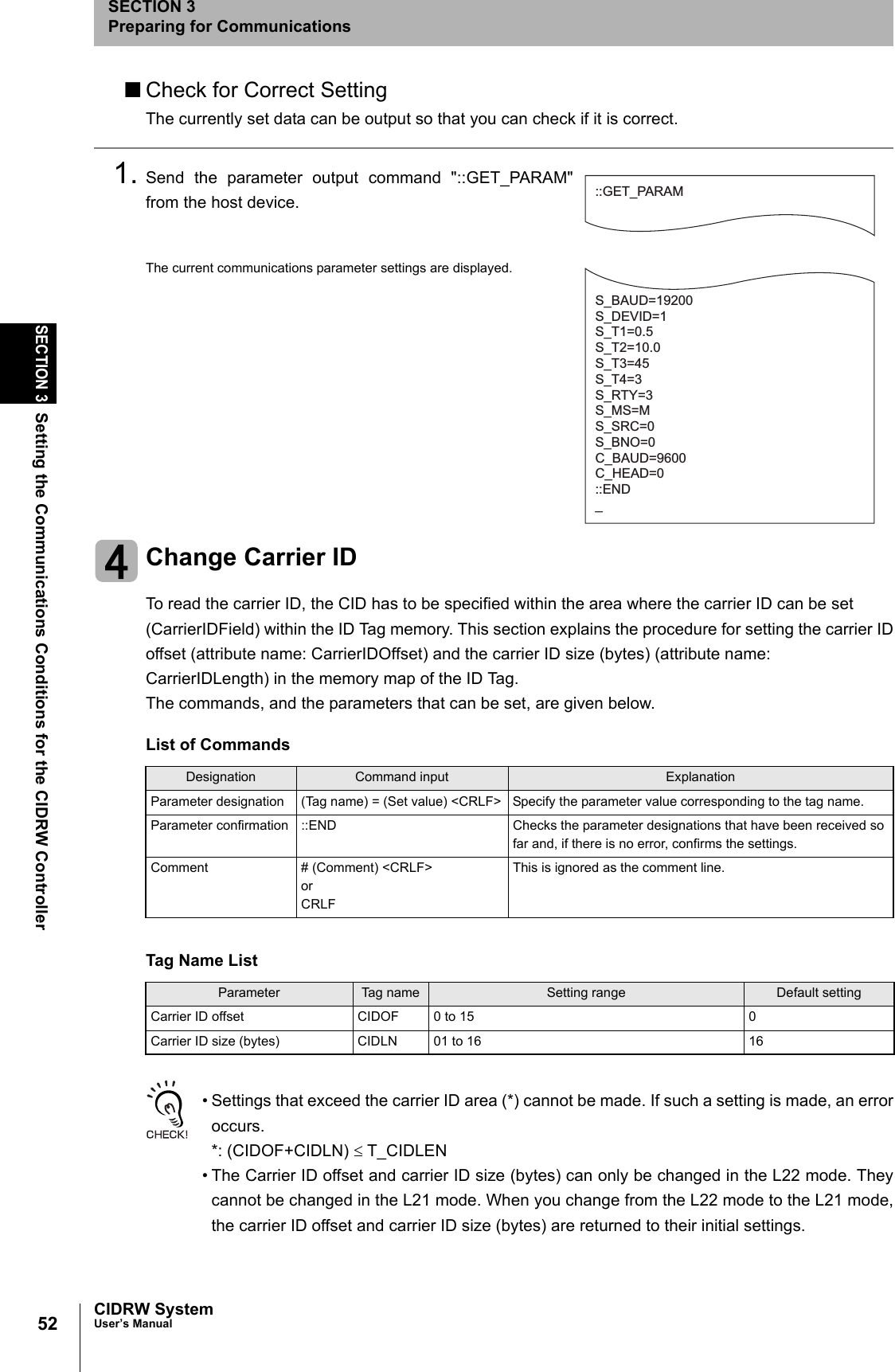 52SECTION 3Setting the Communications Conditions for the CIDRW ControllerCIDRW SystemUser’s ManualSECTION 3Preparing for Communications■Check for Correct SettingThe currently set data can be output so that you can check if it is correct.1. Send the parameter output command "::GET_PARAM"from the host device.The current communications parameter settings are displayed.Change Carrier IDTo read the carrier ID, the CID has to be specified within the area where the carrier ID can be set (CarrierIDField) within the ID Tag memory. This section explains the procedure for setting the carrier IDoffset (attribute name: CarrierIDOffset) and the carrier ID size (bytes) (attribute name: CarrierIDLength) in the memory map of the ID Tag.The commands, and the parameters that can be set, are given below.• Settings that exceed the carrier ID area (*) cannot be made. If such a setting is made, an erroroccurs.*: (CIDOF+CIDLN) ≤ T_CIDLEN• The Carrier ID offset and carrier ID size (bytes) can only be changed in the L22 mode. Theycannot be changed in the L21 mode. When you change from the L22 mode to the L21 mode,the carrier ID offset and carrier ID size (bytes) are returned to their initial settings.List of CommandsDesignation Command input ExplanationParameter designation (Tag name) = (Set value) <CRLF> Specify the parameter value corresponding to the tag name.Parameter confirmation ::END Checks the parameter designations that have been received so far and, if there is no error, confirms the settings.Comment # (Comment) <CRLF> or CRLFThis is ignored as the comment line.Tag Name ListParameter Tag name Setting range Default settingCarrier ID offset CIDOF 0 to 15 0Carrier ID size (bytes) CIDLN 01 to 16 16::GET_PARAMS_BAUD=19200S_DEVID=1S_T1=0.5S_T2=10.0S_T3=45S_T4=3S_RTY=3S_MS=MS_SRC=0S_BNO=0C_BAUD=9600C_HEAD=0::END_