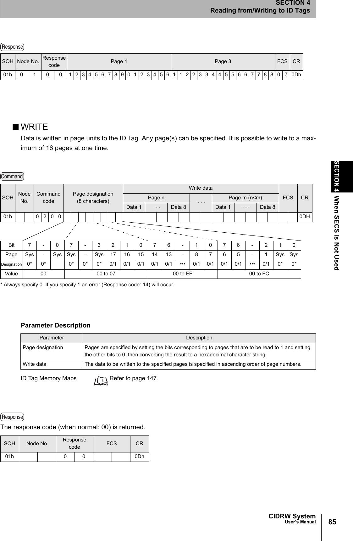 85CIDRW SystemUser’s ManualSECTION 4When SECS Is Not UsedSECTION 4Reading from/Writing to ID Tags■WRITEData is written in page units to the ID Tag. Any page(s) can be specified. It is possible to write to a max-imum of 16 pages at one time.ID Tag Memory Maps Refer to page 147.The response code (when normal: 00) is returned.SOH Node No. Response code Page 1 Page 3 FCS CR01h010012345678901234561122334455667788070DhParameter DescriptionParameter DescriptionPage designation Pages are specified by setting the bits corresponding to pages that are to be read to 1 and setting the other bits to 0, then converting the result to a hexadecimal character string.Write data The data to be written to the specified pages is specified in ascending order of page numbers.SOH Node No. Response code FCS CR01h 0 0 0DhResponseCommandBit 7-07-321076-1076 - 210Page Sys - Sys Sys - Sys 17 16 15 14 13 - 8 7 6 5 - 1 Sys SysDesignation 0* 0* 0* 0* 0* 0/1 0/1 0/1 0/1 0/1 ••• 0/1 0/1 0/1 0/1 ••• 0/1 0* 0*Value 00 00 to 07 00 to FF 00 to FC* Always specify 0. If you specify 1 an error (Response code: 14) will occur.SOH Node No.Command codePage designation(8 characters)Write dataFCS CRPage n ⋅ ⋅ ⋅ Page m (n<m)Data 1 ⋅ ⋅ ⋅ Data 8 Data 1 ⋅ ⋅ ⋅ Data 801h 0200 0DHResponse