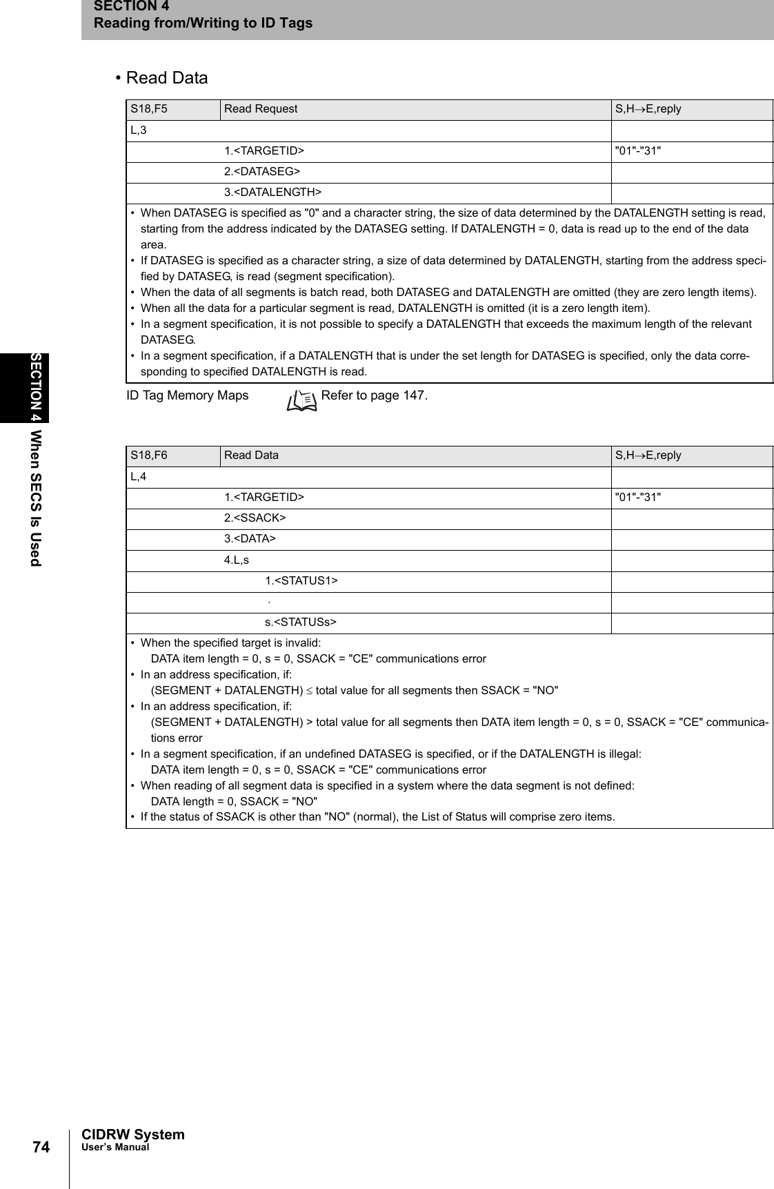 74SECTION 4When SECS Is UsedCIDRW SystemUser’s ManualSECTION 4Reading from/Writing to ID Tags• Read DataID Tag Memory Maps Refer to page 147.S18,F5 Read Request S,H→E,replyL,31.<TARGETID> "01"-"31"2.<DATASEG>3.<DATALENGTH>• When DATASEG is specified as "0" and a character string, the size of data determined by the DATALENGTH setting is read, starting from the address indicated by the DATASEG setting. If DATALENGTH = 0, data is read up to the end of the data area.• If DATASEG is specified as a character string, a size of data determined by DATALENGTH, starting from the address speci-fied by DATASEG, is read (segment specification).• When the data of all segments is batch read, both DATASEG and DATALENGTH are omitted (they are zero length items).• When all the data for a particular segment is read, DATALENGTH is omitted (it is a zero length item).• In a segment specification, it is not possible to specify a DATALENGTH that exceeds the maximum length of the relevant DATASEG.• In a segment specification, if a DATALENGTH that is under the set length for DATASEG is specified, only the data corre-sponding to specified DATALENGTH is read.S18,F6 Read Data S,H→E,replyL,41.<TARGETID> "01"-"31"2.<SSACK>3.<DATA>4.L,s1.<STATUS1> ⋅ s.<STATUSs>• When the specified target is invalid:DATA item length = 0, s = 0, SSACK = "CE" communications error• In an address specification, if: (SEGMENT + DATALENGTH) ≤ total value for all segments then SSACK = "NO"• In an address specification, if: (SEGMENT + DATALENGTH) > total value for all segments then DATA item length = 0, s = 0, SSACK = "CE" communica-tions error• In a segment specification, if an undefined DATASEG is specified, or if the DATALENGTH is illegal:DATA item length = 0, s = 0, SSACK = "CE" communications error• When reading of all segment data is specified in a system where the data segment is not defined:DATA length = 0, SSACK = "NO"• If the status of SSACK is other than "NO" (normal), the List of Status will comprise zero items.