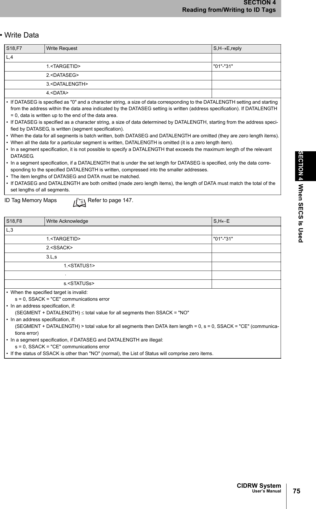 75CIDRW SystemUser’s ManualSECTION 4When SECS Is UsedSECTION 4Reading from/Writing to ID Tags• Write DataID Tag Memory Maps Refer to page 147.S18,F7 Write Request S,H→E,replyL,41.<TARGETID> "01"-"31"2.<DATASEG>3.<DATALENGTH>4.<DATA>• If DATASEG is specified as "0" and a character string, a size of data corresponding to the DATALENGTH setting and starting from the address within the data area indicated by the DATASEG setting is written (address specification). If DATALENGTH = 0, data is written up to the end of the data area.• If DATASEG is specified as a character string, a size of data determined by DATALENGTH, starting from the address speci-fied by DATASEG, is written (segment specification).• When the data for all segments is batch written, both DATASEG and DATALENGTH are omitted (they are zero length items).• When all the data for a particular segment is written, DATALENGTH is omitted (it is a zero length item).• In a segment specification, it is not possible to specify a DATALENGTH that exceeds the maximum length of the relevant DATASEG.• In a segment specification, if a DATALENGTH that is under the set length for DATASEG is specified, only the data corre-sponding to the specified DATALENGTH is written, compressed into the smaller addresses.• The item lengths of DATASEG and DATA must be matched.• If DATASEG and DATALENGTH are both omitted (made zero length items), the length of DATA must match the total of the set lengths of all segments.S18,F8 Write Acknowledge S,H←EL,31.<TARGETID> "01"-"31"2.<SSACK>3.L,s1.<STATUS1> ⋅ s.<STATUSs>• When the specified target is invalid:s = 0, SSACK = "CE" communications error• In an address specification, if:(SEGMENT + DATALENGTH) ≤ total value for all segments then SSACK = "NO"• In an address specification, if:(SEGMENT + DATALENGTH) > total value for all segments then DATA item length = 0, s = 0, SSACK = "CE" (communica-tions error)• In a segment specification, if DATASEG and DATALENGTH are illegal: s = 0, SSACK = "CE" communications error• If the status of SSACK is other than "NO" (normal), the List of Status will comprise zero items.