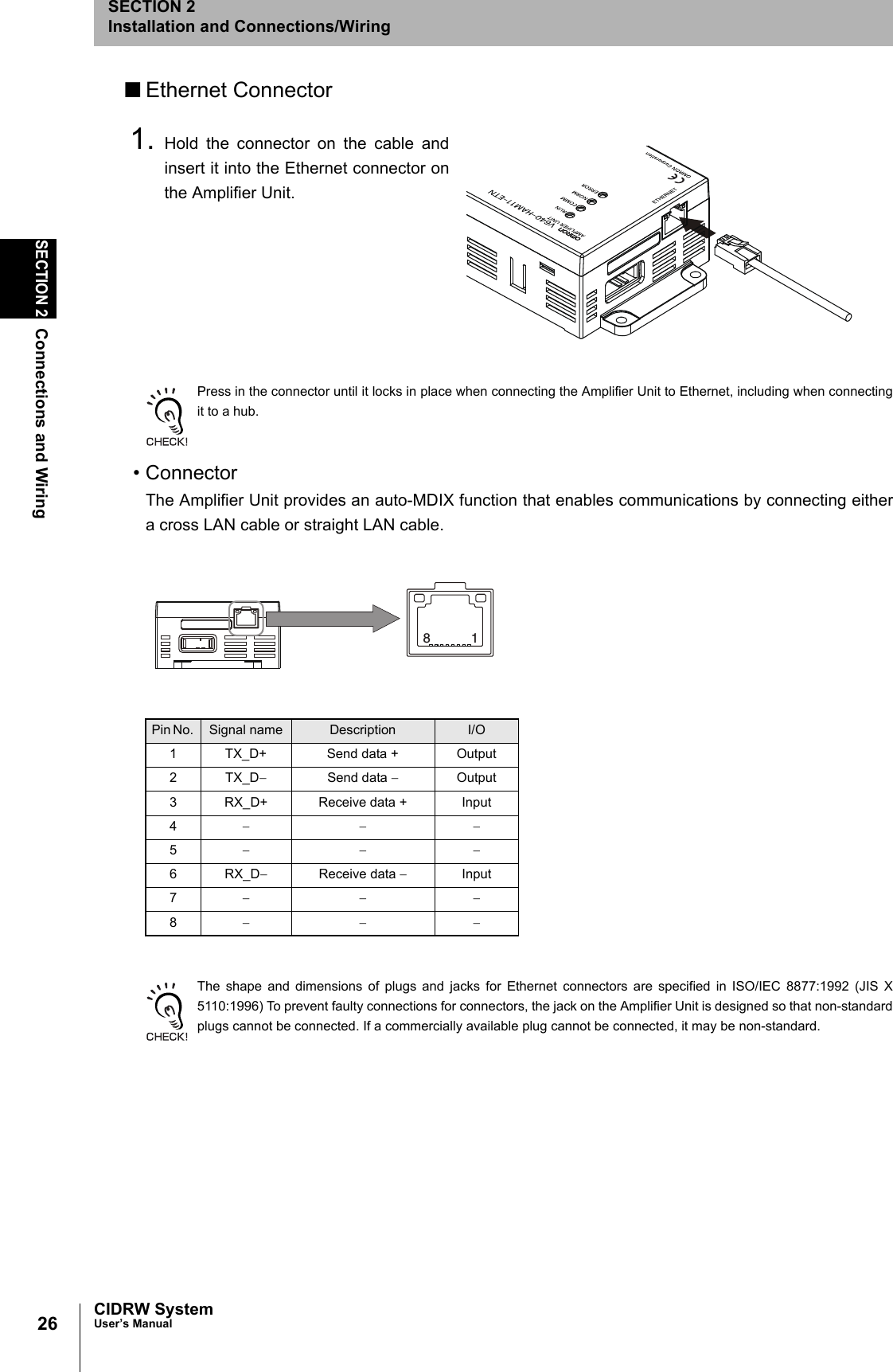 26SECTION 2Connections and WiringCIDRW SystemUser’s ManualSECTION 2Installation and Connections/Wiring■Ethernet Connector1. Hold the connector on the cable andinsert it into the Ethernet connector onthe Amplifier Unit. Press in the connector until it locks in place when connecting the Amplifier Unit to Ethernet, including when connectingit to a hub. • ConnectorThe Amplifier Unit provides an auto-MDIX function that enables communications by connecting eithera cross LAN cable or straight LAN cable. The shape and dimensions of plugs and jacks for Ethernet connectors are specified in ISO/IEC 8877:1992 (JIS X5110:1996) To prevent faulty connections for connectors, the jack on the Amplifier Unit is designed so that non-standardplugs cannot be connected. If a commercially available plug cannot be connected, it may be non-standard. Pin No. Signal name Description I/O1 TX_D+ Send data + Output2TX_D−Send data −Output3 RX_D+ Receive data + Input4−−−5−−−6RX_D−Receive data −Input7−−−8−−−18
