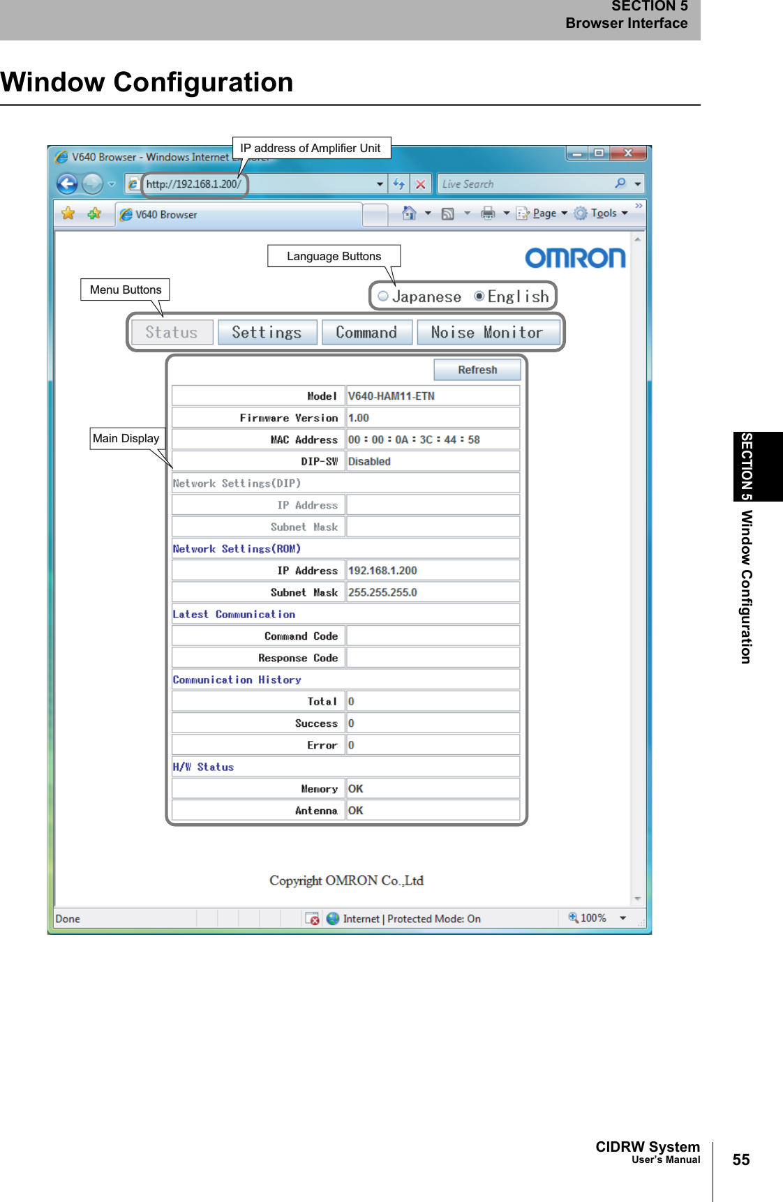 55CIDRW SystemUser’s ManualSECTION 5Window ConfigurationSECTION 5Browser InterfaceWindow Configuration IP address of Amplifier UnitLanguage ButtonsMenu ButtonsMain Display