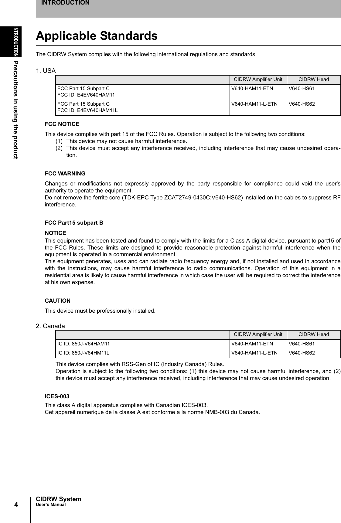 4INTRODUCTIONPrecautions in using the productCIDRW SystemUser’s ManualINTRODUCTIONApplicable StandardsThe CIDRW System complies with the following international regulations and standards. 1. USA FCC NOTICEThis device complies with part 15 of the FCC Rules. Operation is subject to the following two conditions:(1) This device may not cause harmful interference.(2) This device must accept any interference received, including interference that may cause undesired opera-tion.FCC WARNINGChanges or modifications not expressly approved by the party responsible for compliance could void the user'sauthority to operate the equipment.Do not remove the ferrite core (TDK-EPC Type ZCAT2749-0430C:V640-HS62) installed on the cables to suppress RFinterference. FCC Part15 subpart BNOTICEThis equipment has been tested and found to comply with the limits for a Class A digital device, pursuant to part15 ofthe FCC Rules. These limits are designed to provide reasonable protection against harmful interference when theequipment is operated in a commercial environment.This equipment generates, uses and can radiate radio frequency energy and, if not installed and used in accordancewith the instructions, may cause harmful interference to radio communications. Operation of this equipment in aresidential area is likely to cause harmful interference in which case the user will be required to correct the interferenceat his own expense.CAUTIONThis device must be professionally installed.2. CanadaThis device complies with RSS-Gen of IC (Industry Canada) Rules.Operation is subject to the following two conditions: (1) this device may not cause harmful interference, and (2)this device must accept any interference received, including interference that may cause undesired operation. ICES-003This class A digital apparatus complies with Canadian ICES-003.Cet appareil numerique de la classe A est conforme a la norme NMB-003 du Canada.CIDRW Amplifier Unit CIDRW HeadFCC Part 15 Subpart CFCC ID: E4EV640HAM11V640-HAM11-ETN V640-HS61FCC Part 15 Subpart CFCC ID: E4EV640HAM11LV640-HAM11-L-ETN V640-HS62CIDRW Amplifier Unit CIDRW HeadIC ID: 850J-V64HAM11 V640-HAM11-ETN V640-HS61IC ID: 850J-V64HM11L V640-HAM11-L-ETN V640-HS62