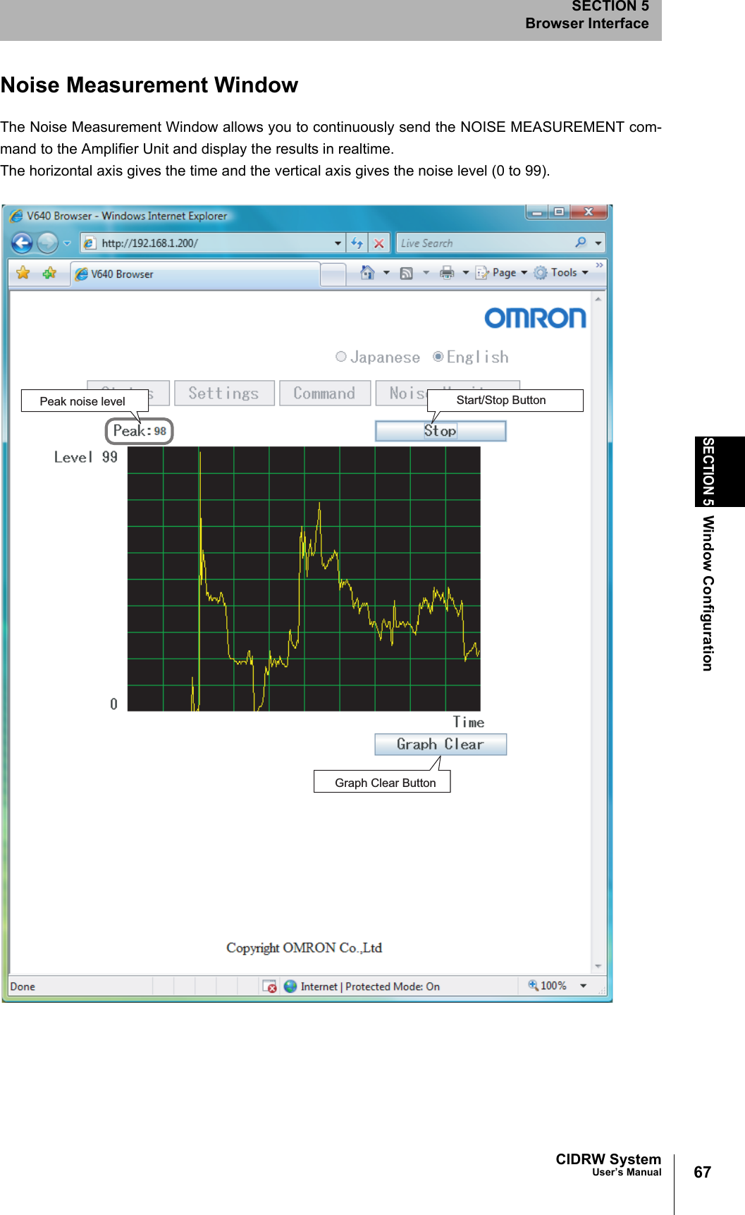 67CIDRW SystemUser’s ManualSECTION 5Window ConfigurationSECTION 5Browser InterfaceNoise Measurement WindowThe Noise Measurement Window allows you to continuously send the NOISE MEASUREMENT com-mand to the Amplifier Unit and display the results in realtime. The horizontal axis gives the time and the vertical axis gives the noise level (0 to 99). Peak noise level Start/Stop ButtonGraph Clear Button