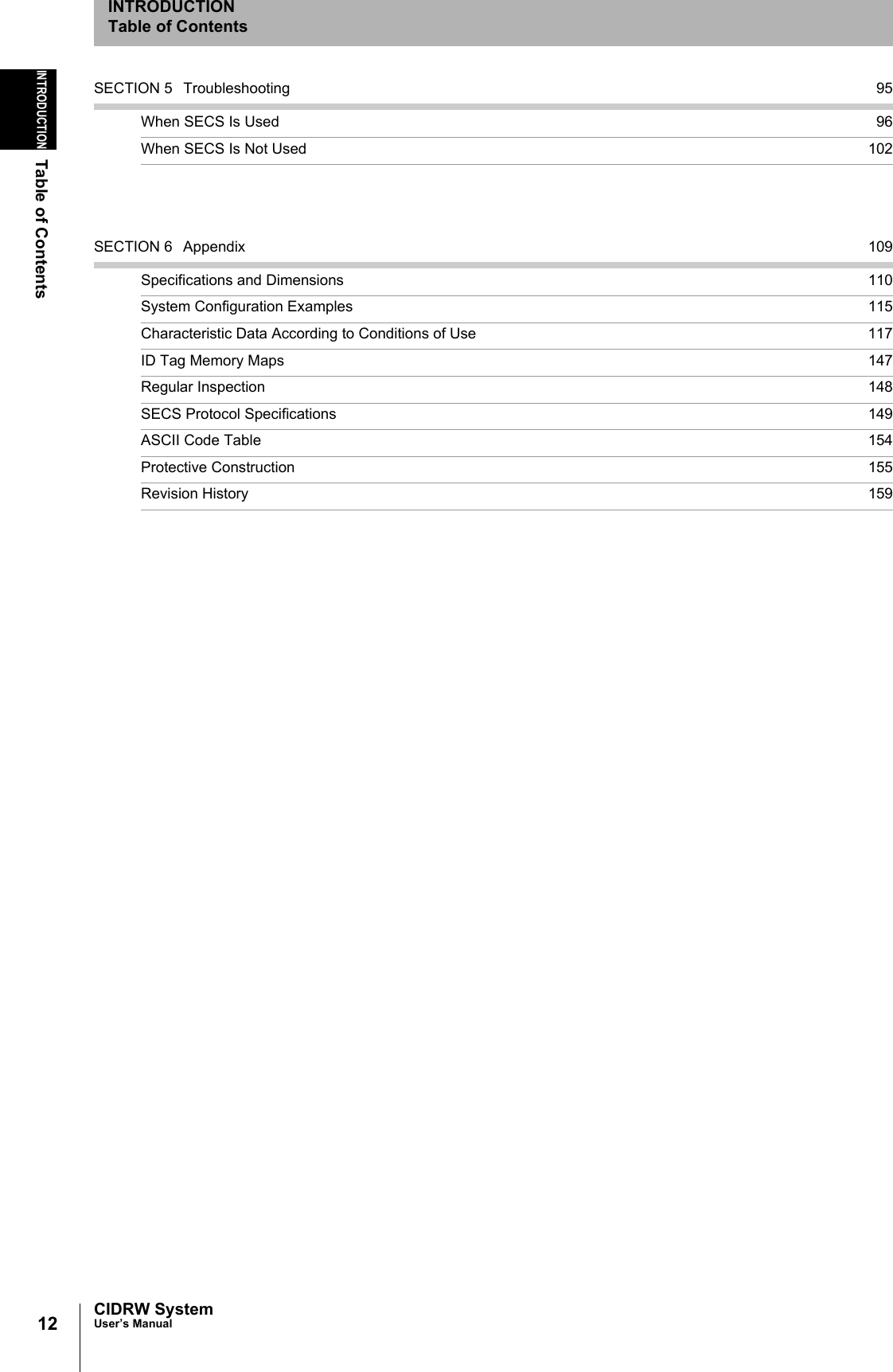 12INTRODUCTIONTable of ContentsCIDRW SystemUser’s ManualINTRODUCTIONTable of ContentsSECTION 5 Troubleshooting 95When SECS Is Used 96When SECS Is Not Used 102SECTION 6 Appendix 109Specifications and Dimensions 110System Configuration Examples 115Characteristic Data According to Conditions of Use 117ID Tag Memory Maps 147Regular Inspection 148SECS Protocol Specifications 149ASCII Code Table 154Protective Construction 155Revision History 159