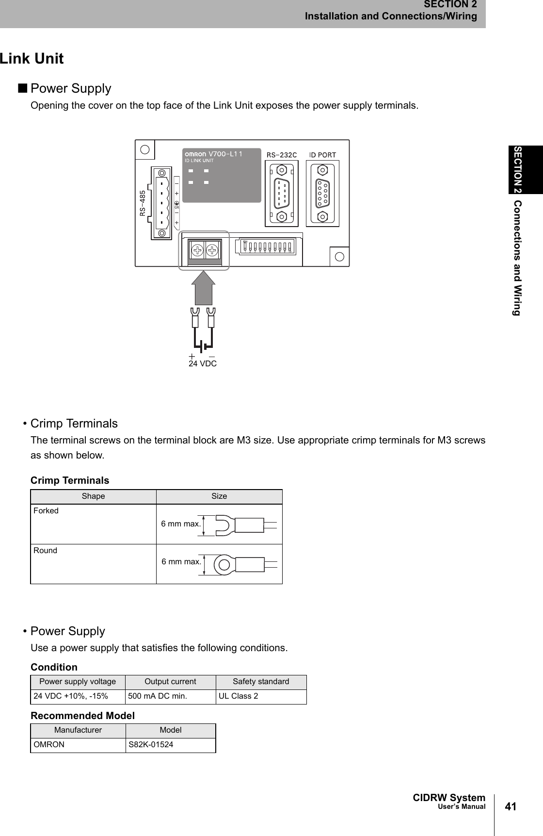 41CIDRW SystemUser’s ManualSECTION 2Connections and WiringSECTION 2Installation and Connections/WiringLink Unit ■Power SupplyOpening the cover on the top face of the Link Unit exposes the power supply terminals.• Crimp TerminalsThe terminal screws on the terminal block are M3 size. Use appropriate crimp terminals for M3 screwsas shown below.• Power SupplyUse a power supply that satisfies the following conditions.Crimp TerminalsShape SizeForked Round ConditionPower supply voltage Output current Safety standard24 VDC +10%, -15% 500 mA DC min. UL Class 2Recommended ModelManufacturer ModelOMRON S82K-0152424 VDC6 mm max.6 mm max.