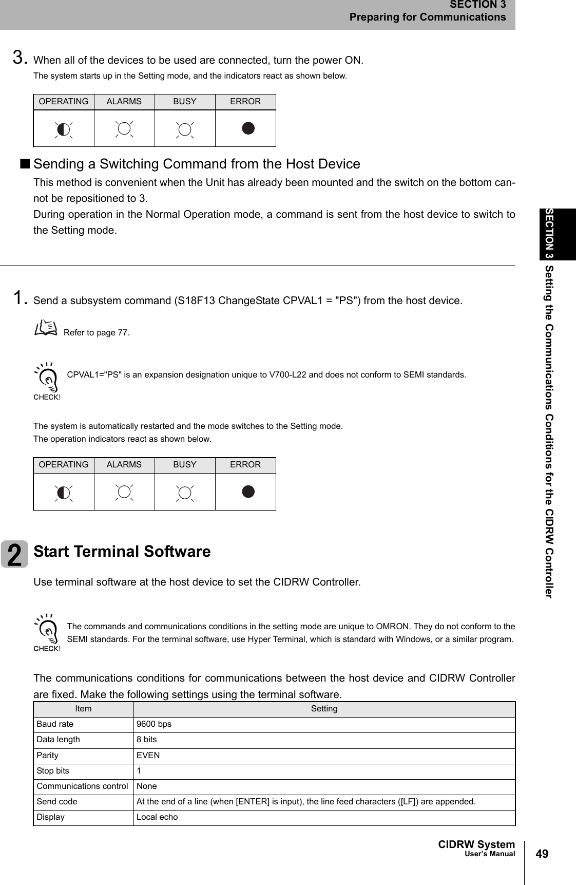 49CIDRW SystemUser’s ManualSECTION 3Setting the Communications Conditions for the CIDRW ControllerSECTION 3Preparing for Communications3. When all of the devices to be used are connected, turn the power ON.The system starts up in the Setting mode, and the indicators react as shown below.■Sending a Switching Command from the Host DeviceThis method is convenient when the Unit has already been mounted and the switch on the bottom can-not be repositioned to 3.During operation in the Normal Operation mode, a command is sent from the host device to switch tothe Setting mode.1. Send a subsystem command (S18F13 ChangeState CPVAL1 = &quot;PS&quot;) from the host device.Refer to page 77.CPVAL1=&quot;PS&quot; is an expansion designation unique to V700-L22 and does not conform to SEMI standards.The system is automatically restarted and the mode switches to the Setting mode.The operation indicators react as shown below.Start Terminal SoftwareUse terminal software at the host device to set the CIDRW Controller.The commands and communications conditions in the setting mode are unique to OMRON. They do not conform to theSEMI standards. For the terminal software, use Hyper Terminal, which is standard with Windows, or a similar program.The communications conditions for communications between the host device and CIDRW Controllerare fixed. Make the following settings using the terminal software.OPERATING ALARMS BUSY ERROROPERATING ALARMS BUSY ERRORItem SettingBaud rate 9600 bpsData length 8 bitsParity EVENStop bits 1Communications control NoneSend code At the end of a line (when [ENTER] is input), the line feed characters ([LF]) are appended.Display Local echo