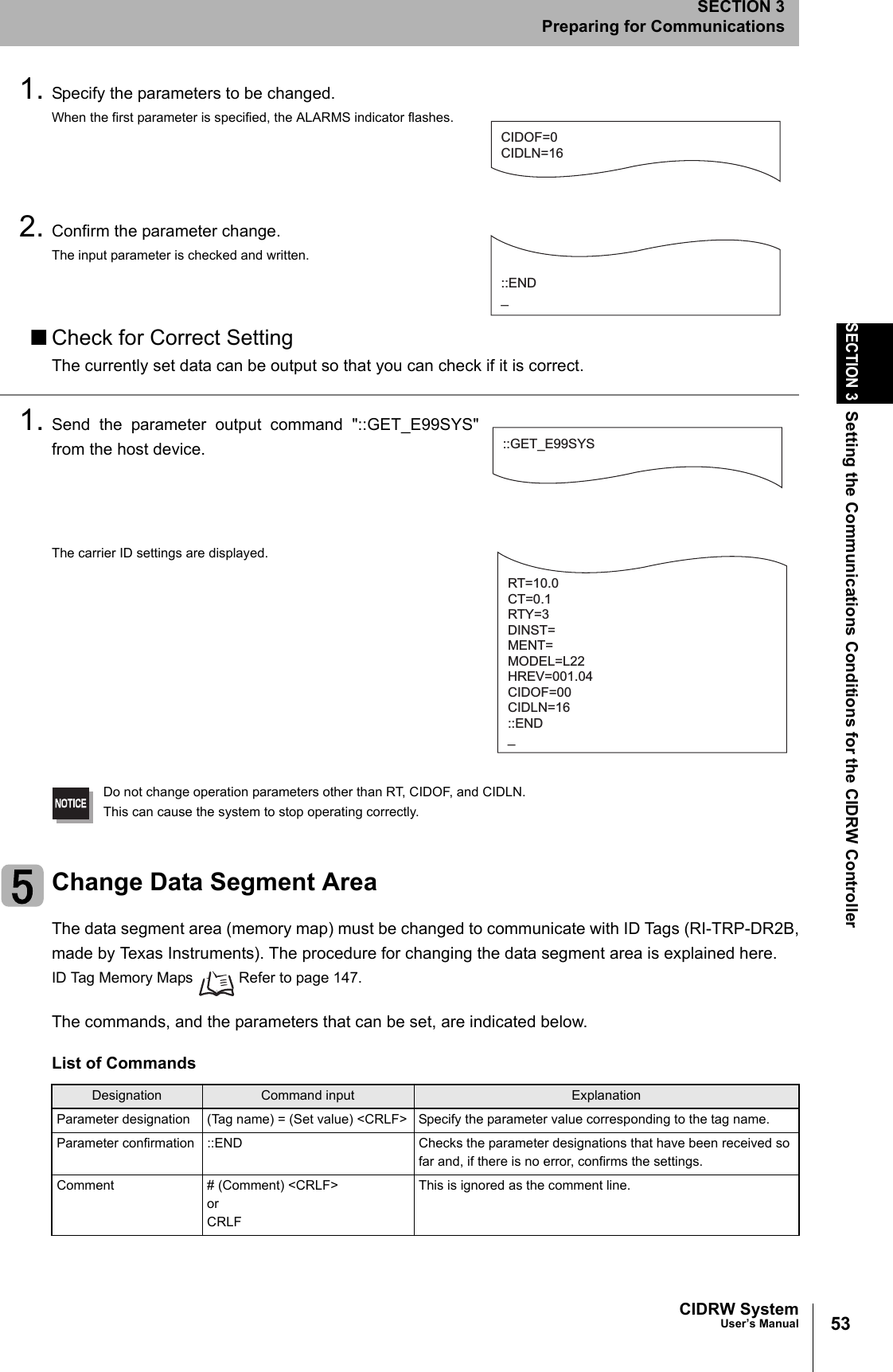 53CIDRW SystemUser’s ManualSECTION 3Setting the Communications Conditions for the CIDRW ControllerSECTION 3Preparing for Communications1. Specify the parameters to be changed.When the first parameter is specified, the ALARMS indicator flashes.2. Confirm the parameter change.The input parameter is checked and written.■Check for Correct SettingThe currently set data can be output so that you can check if it is correct.1. Send the parameter output command "::GET_E99SYS"from the host device.The carrier ID settings are displayed.Do not change operation parameters other than RT, CIDOF, and CIDLN.This can cause the system to stop operating correctly.Change Data Segment AreaThe data segment area (memory map) must be changed to communicate with ID Tags (RI-TRP-DR2B,made by Texas Instruments). The procedure for changing the data segment area is explained here.ID Tag Memory Maps Refer to page 147.The commands, and the parameters that can be set, are indicated below.List of CommandsDesignation Command input ExplanationParameter designation (Tag name) = (Set value) <CRLF> Specify the parameter value corresponding to the tag name.Parameter confirmation ::END Checks the parameter designations that have been received so far and, if there is no error, confirms the settings.Comment # (Comment) <CRLF> or CRLFThis is ignored as the comment line.CIDOF=0CIDLN=16::END_::GET_E99SYSRT=10.0CT=0.1RTY=3DINST=MENT=MODEL=L22HREV=001.04CIDOF=00CIDLN=16::END_