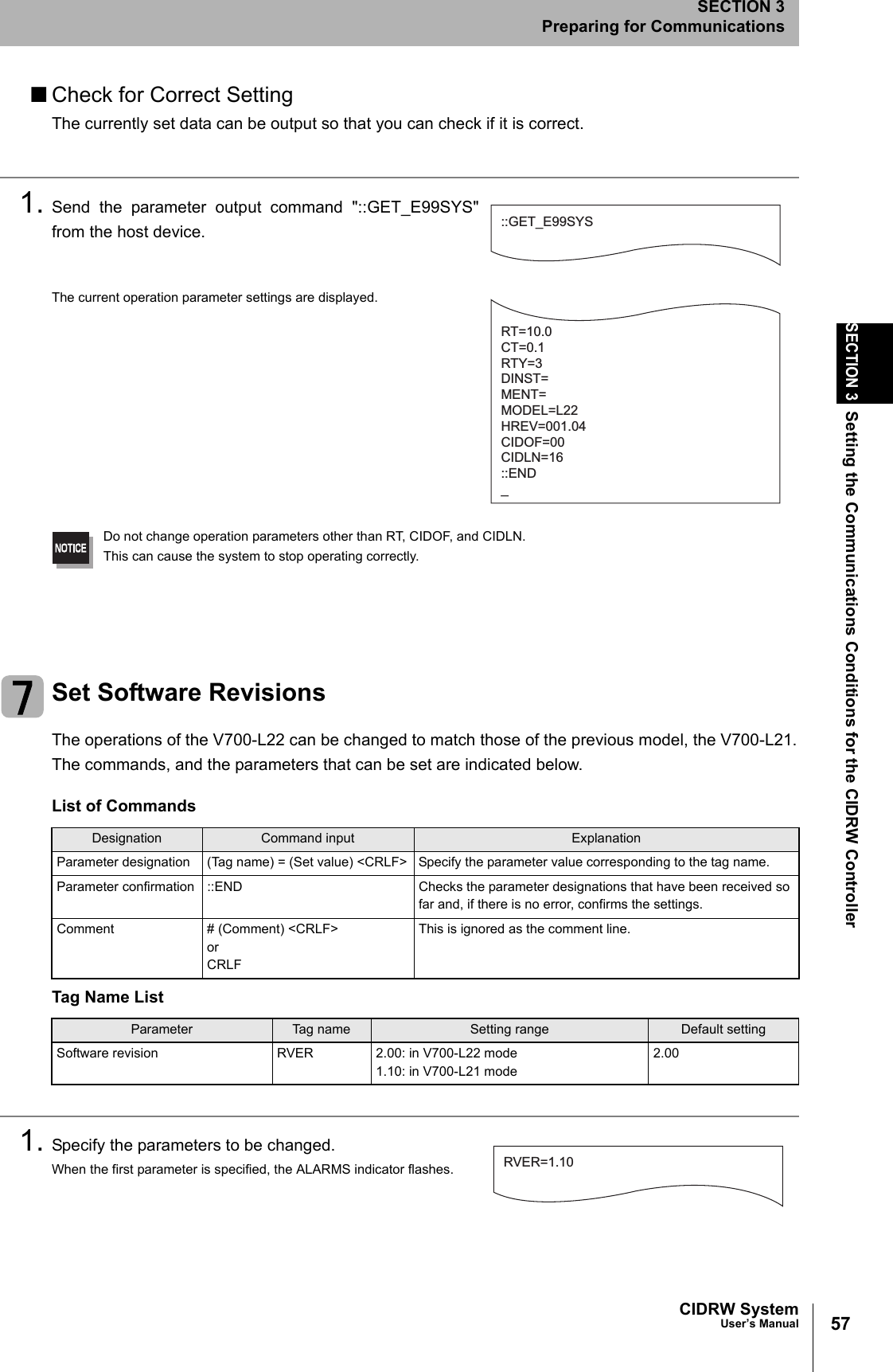 57CIDRW SystemUser’s ManualSECTION 3Setting the Communications Conditions for the CIDRW ControllerSECTION 3Preparing for Communications■Check for Correct SettingThe currently set data can be output so that you can check if it is correct.1. Send the parameter output command "::GET_E99SYS"from the host device.The current operation parameter settings are displayed.Do not change operation parameters other than RT, CIDOF, and CIDLN.This can cause the system to stop operating correctly.Set Software RevisionsThe operations of the V700-L22 can be changed to match those of the previous model, the V700-L21.The commands, and the parameters that can be set are indicated below.1. Specify the parameters to be changed.When the first parameter is specified, the ALARMS indicator flashes.List of CommandsDesignation Command input ExplanationParameter designation (Tag name) = (Set value) <CRLF> Specify the parameter value corresponding to the tag name.Parameter confirmation ::END Checks the parameter designations that have been received so far and, if there is no error, confirms the settings.Comment # (Comment) <CRLF> or CRLFThis is ignored as the comment line.Tag Name ListParameter Tag name Setting range Default settingSoftware revision RVER 2.00: in V700-L22 mode1.10: in V700-L21 mode2.00::GET_E99SYSRT=10.0CT=0.1RTY=3DINST=MENT=MODEL=L22HREV=001.04CIDOF=00CIDLN=16::END_RVER=1.10