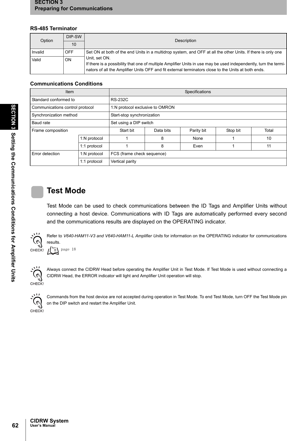 62SECTION 3Setting the Communications Conditions for Amplifier UnitsCIDRW SystemUser’s ManualSECTION 3Preparing for CommunicationsTest ModeTest Mode can be used to check communications between the ID Tags and Amplifier Units withoutconnecting a host device. Communications with ID Tags are automatically performed every secondand the communications results are displayed on the OPERATING indicator. Refer to V640-HAM11-V3 and V640-HAM11-L Amplifier Units for information on the OPERATING indicator for communicationsresults. page 18Always connect the CIDRW Head before operating the Amplifier Unit in Test Mode. If Test Mode is used without connecting aCIDRW Head, the ERROR indicator will light and Amplifier Unit operation will stop. Commands from the host device are not accepted during operation in Test Mode. To end Test Mode, turn OFF the Test Mode pinon the DIP switch and restart the Amplifier Unit. RS-485 TerminatorOption DIP-SW Description10Invalid OFF Set ON at both of the end Units in a multidrop system, and OFF at all the other Units. If there is only one Unit, set ON.If there is a possibility that one of multiple Amplifier Units in use may be used independently, turn the termi-nators of all the Amplifier Units OFF and fit external terminators close to the Units at both ends.Valid ONCommunications ConditionsItem SpecificationsStandard conformed to RS-232CCommunications control protocol 1:N protocol exclusive to OMRONSynchronization method Start-stop synchronizationBaud rate Set using a DIP switchFrame composition Start bit Data bits Parity bit Stop bit Total1:N protocol 1 8 None 1 101:1 protocol 1 8 Even 1 11Error detection 1:N protocol FCS (frame check sequence)1:1 protocol Vertical parity