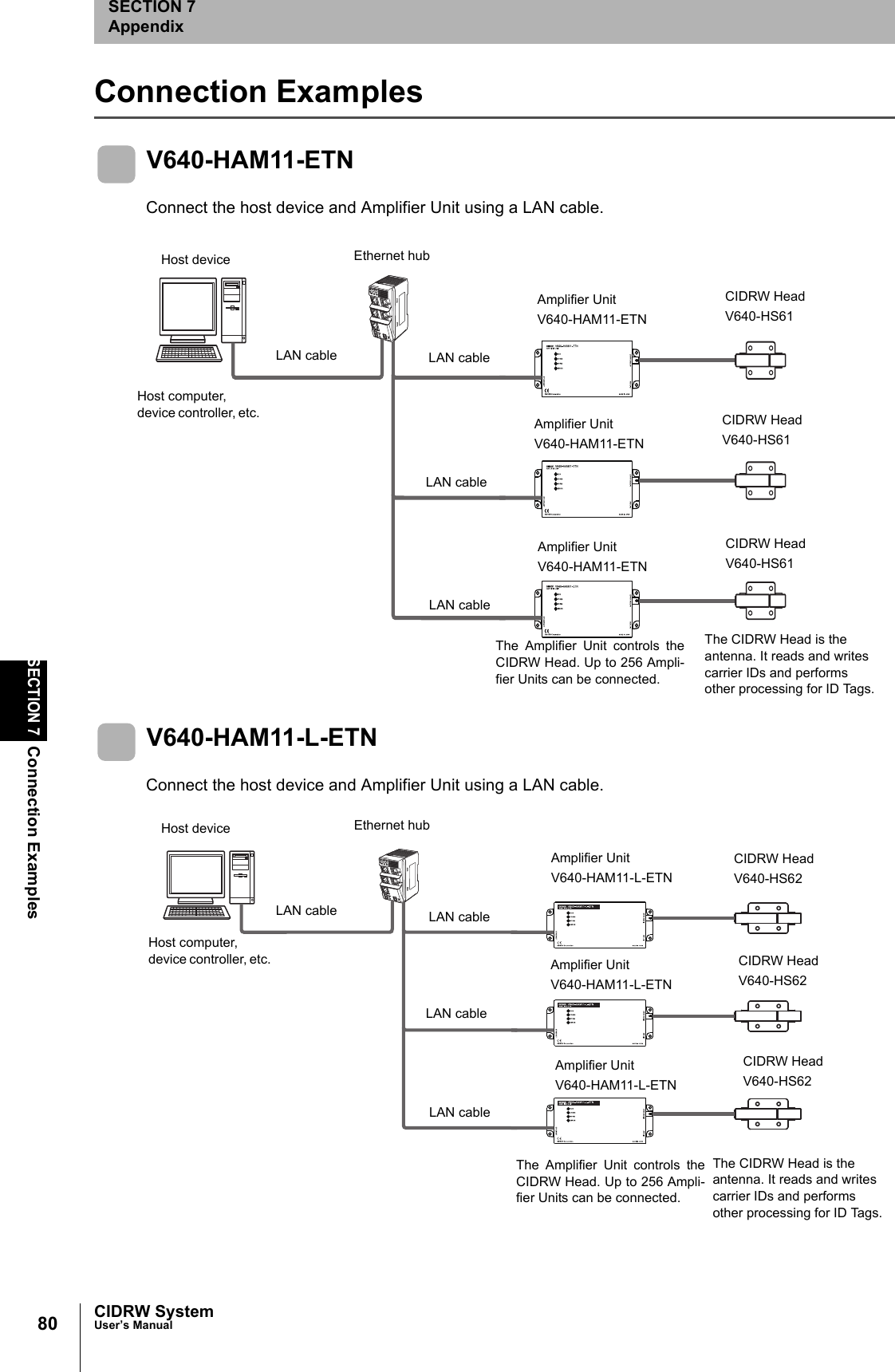 80SECTION 7Connection ExamplesCIDRW SystemUser’s ManualSECTION 7AppendixConnection Examples V640-HAM11-ETNConnect the host device and Amplifier Unit using a LAN cable. V640-HAM11-L-ETNConnect the host device and Amplifier Unit using a LAN cable. Host deviceHost computer, device controller, etc. CIDRW HeadV640-HS61Amplifier UnitV640-HAM11-ETNEthernet hubLAN cable LAN cableCIDRW HeadV640-HS61Amplifier UnitV640-HAM11-ETNLAN cableCIDRW HeadV640-HS61Amplifier UnitV640-HAM11-ETNLAN cableThe Amplifier Unit controls theCIDRW Head. Up to 256 Ampli-fier Units can be connected. The CIDRW Head is the antenna. It reads and writes carrier IDs and performs other processing for ID Tags.Host deviceHost computer, device controller, etc. CIDRW HeadV640-HS62Amplifier UnitV640-HAM11-L-ETNEthernet hubLAN cable LAN cableCIDRW HeadV640-HS62Amplifier UnitV640-HAM11-L-ETNLAN cableCIDRW HeadV640-HS62Amplifier UnitV640-HAM11-L-ETNLAN cableThe Amplifier Unit controls theCIDRW Head. Up to 256 Ampli-fier Units can be connected. The CIDRW Head is the antenna. It reads and writes carrier IDs and performs other processing for ID Tags.